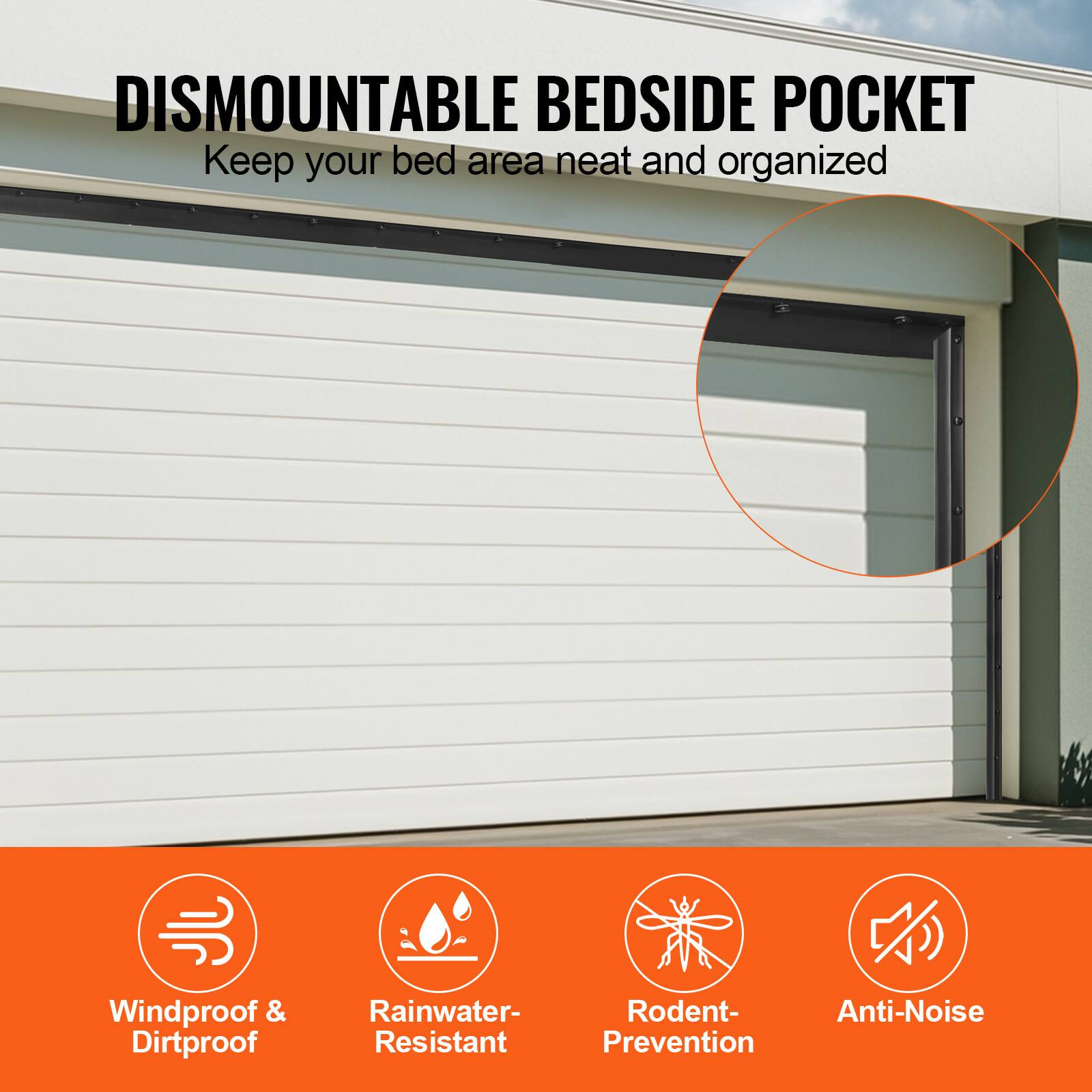 DISMOUNTABLE BEDSIDE POCKET  
Keep your bed area neat and organized

Windproof & Dirtproof  
Rainwater-Resistant  
Rodent-Prevention  
Anti-Noise