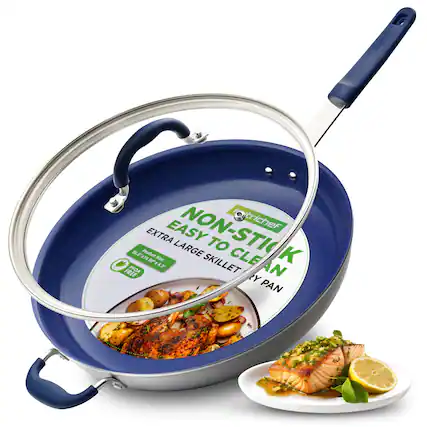 EASY trichef O 2.5 1 Product EXTRA 90 y 4 Size: LARGE NON-STICK SKILLET TO CLEAN PAN