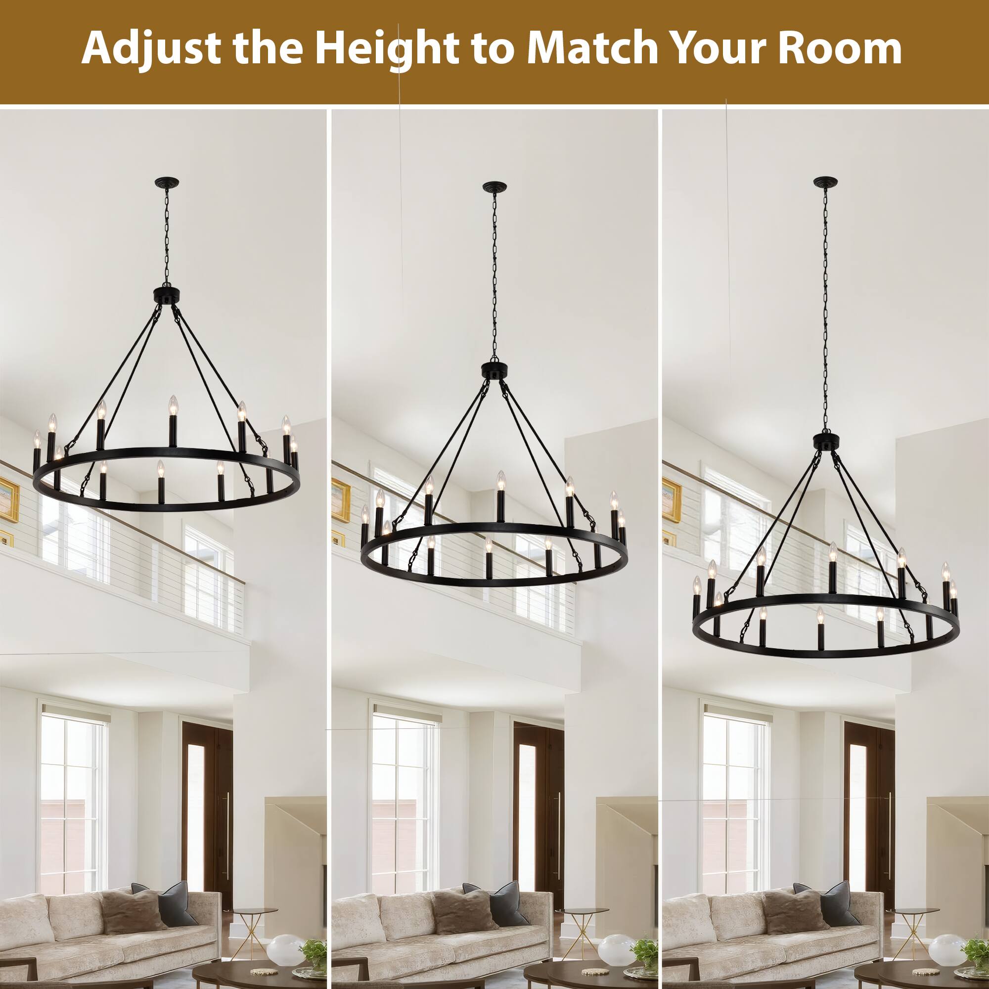 Alt View 2. RYHNUYNE - Wagon Wheel Chandelier 12 Light 31" Black Farmhouse Chandelier for Dining Room Rustic Country Pendant Light Fixtures - Black.