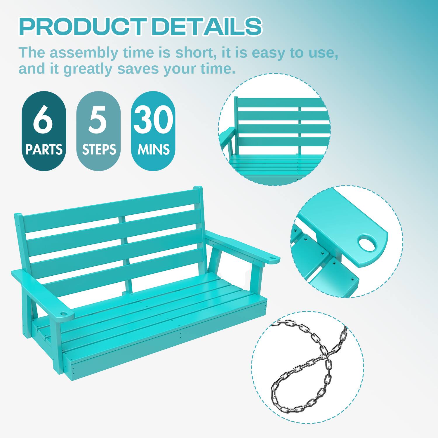 PRODUCT DETAILS

The assembly time is short, it is easy to use, and it greatly saves your time.

6 PARTS  
5 STEPS  
30 MINS