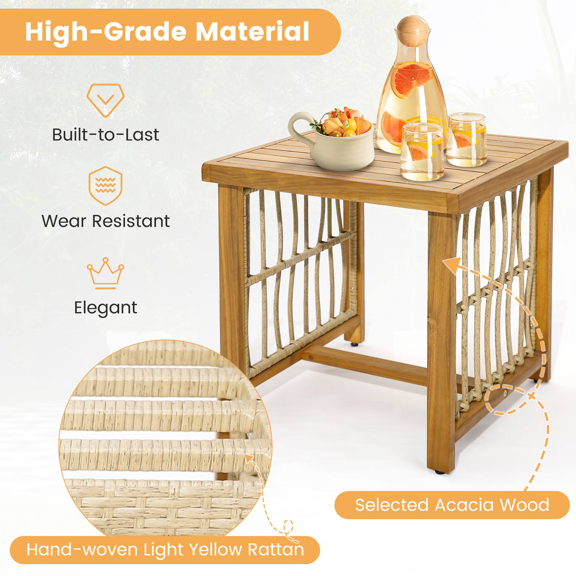High-Grade Material, Built-to-Last, Wear Resistant, Elegant, Selected Acacia Wood, Hand-woven Light Yellow Rattan
