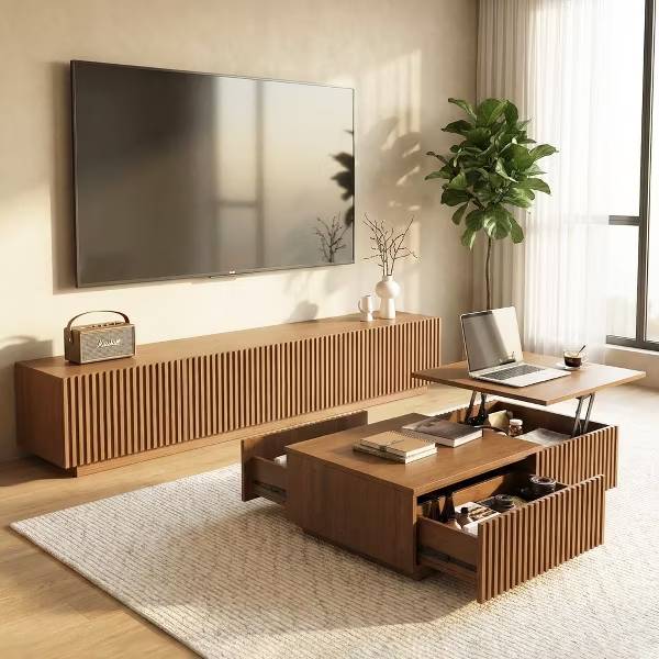 Alt View 2. luck idea - Modern Fluted TV Stand & Lift Top Coffee Table Set, 86.6" Entertainment Center with Storage & 51.1" Coffee Table with Hi - brown.