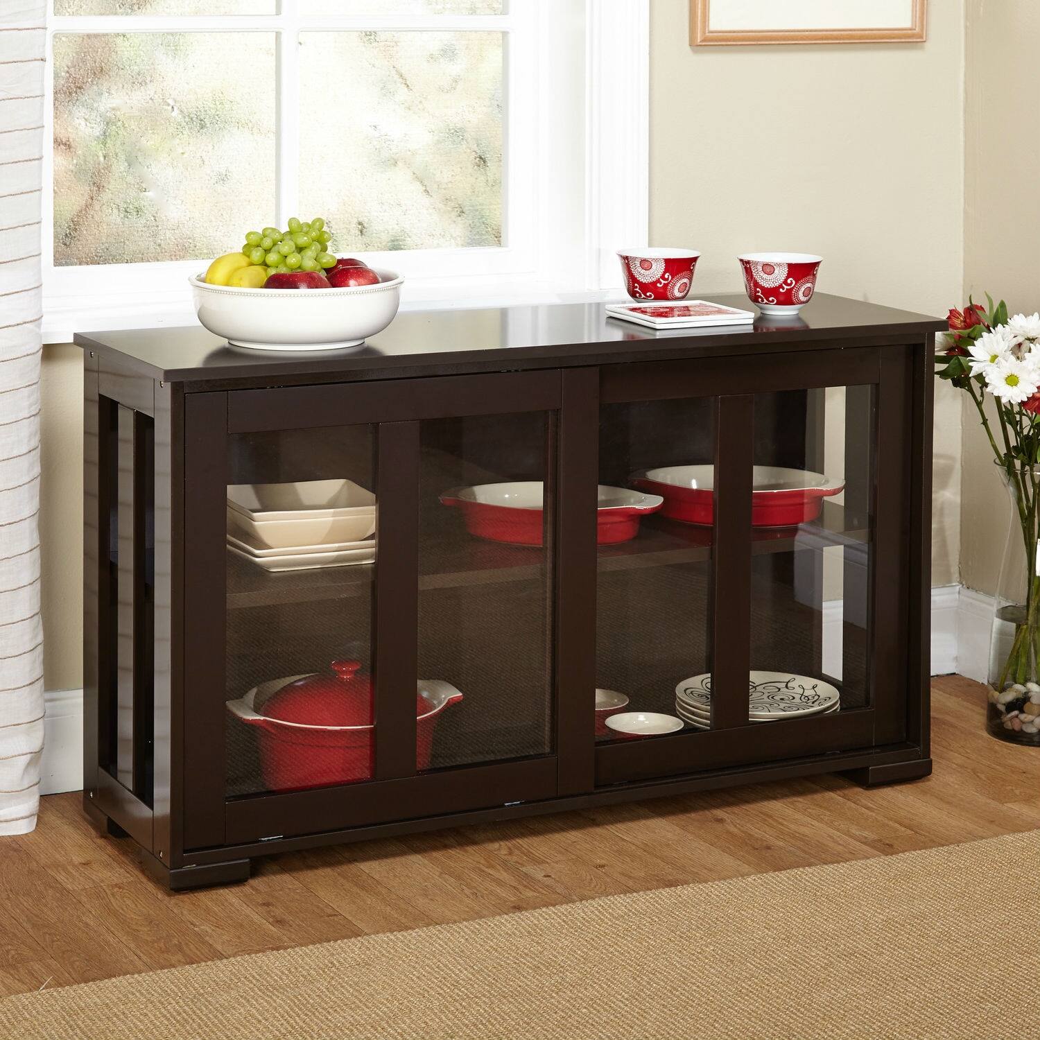 Front. Hivvago - Espresso Sideboard Buffet Dining Kitchen Cabinet with 2 Glass Sliding Doors - Espresso.