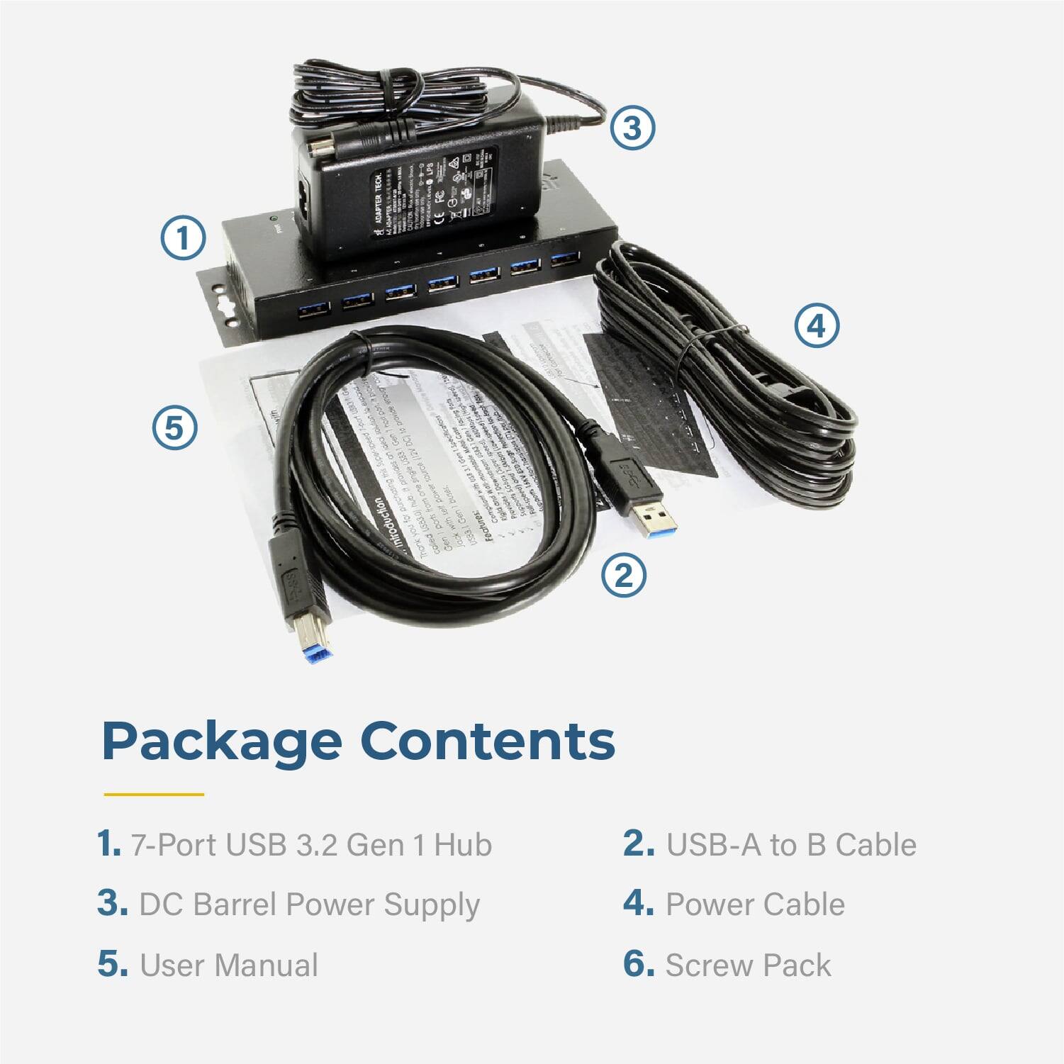 Package Contents

1. 7-Port USB 3.2 Gen 1 Hub
2. USB-A to B Cable
3. DC Barrel Power Supply
4. Power Cable
5. User Manual
6. Screw Pack