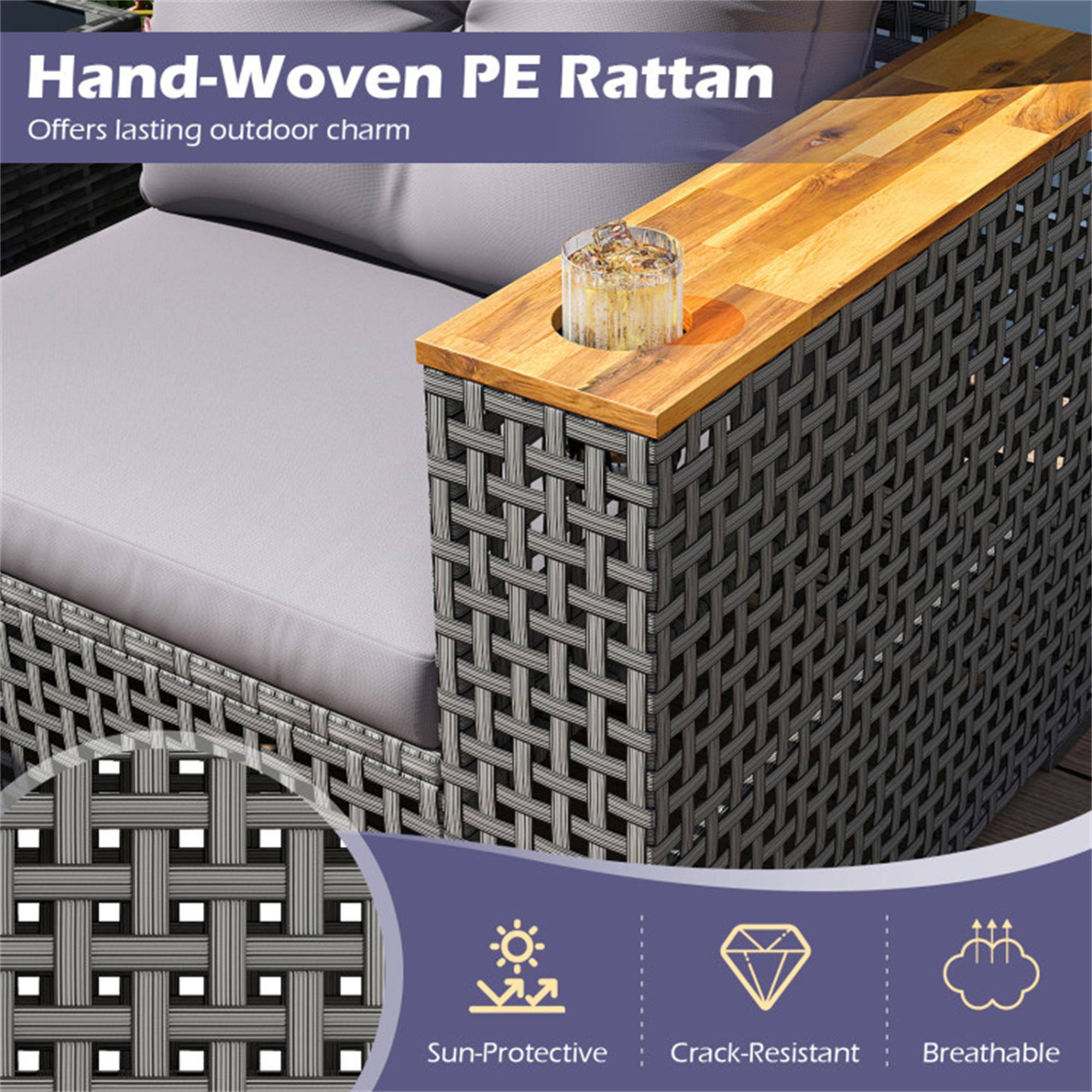 Hand-Woven PE Rattan  
Offers lasting outdoor charm  

- Sun-Protective  
- Crack-Resistant  
- Breathable
