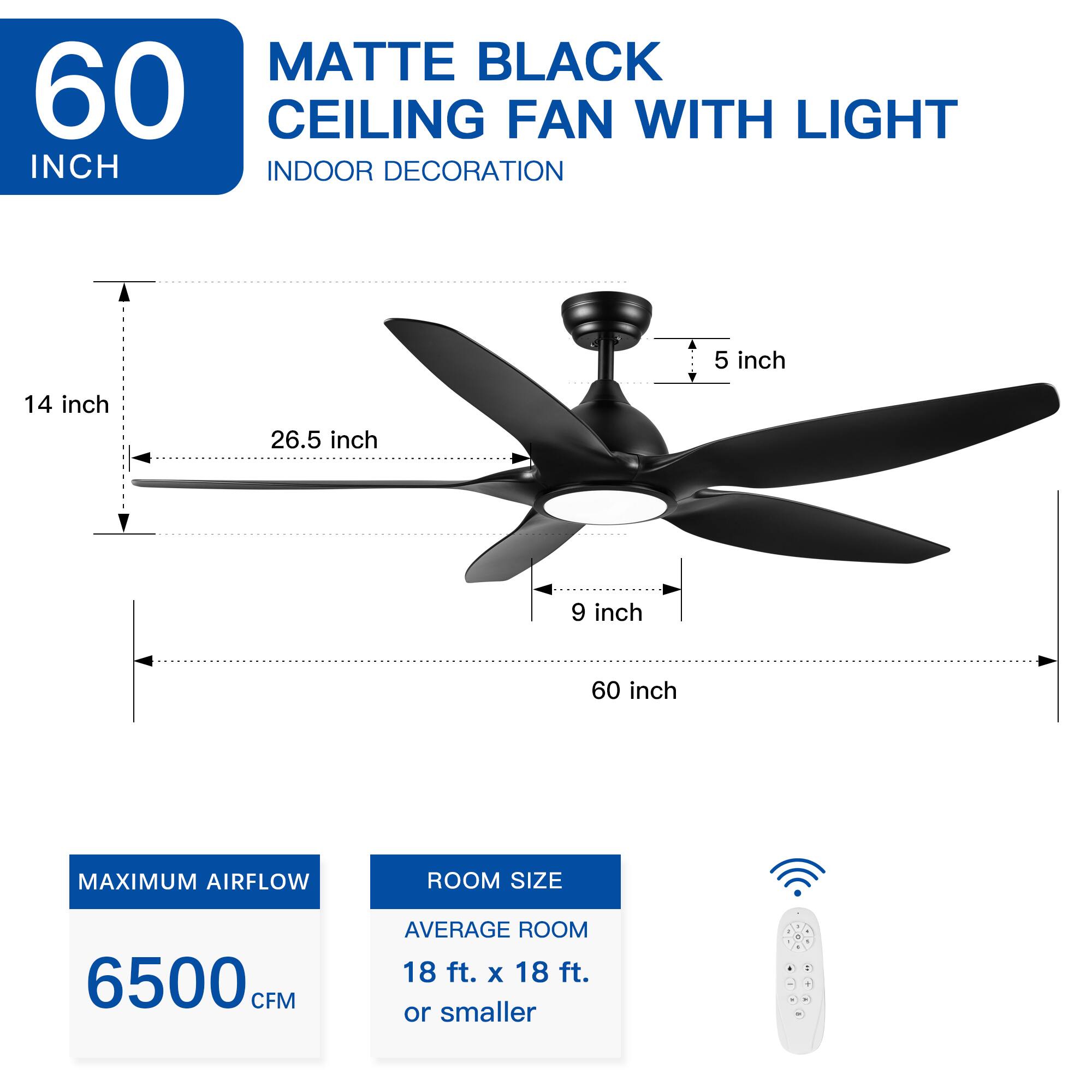 60 INCH  
MATTE BLACK CEILING FAN WITH LIGHT  
INDOOR DECORATION  

14 inch  
26.5 inch  
9 inch  
5 inch  
60 inch  

MAXIMUM AIRFLOW  
6500 CFM  

ROOM SIZE  
AVERAGE ROOM 18 ft. x 18 ft. or smaller