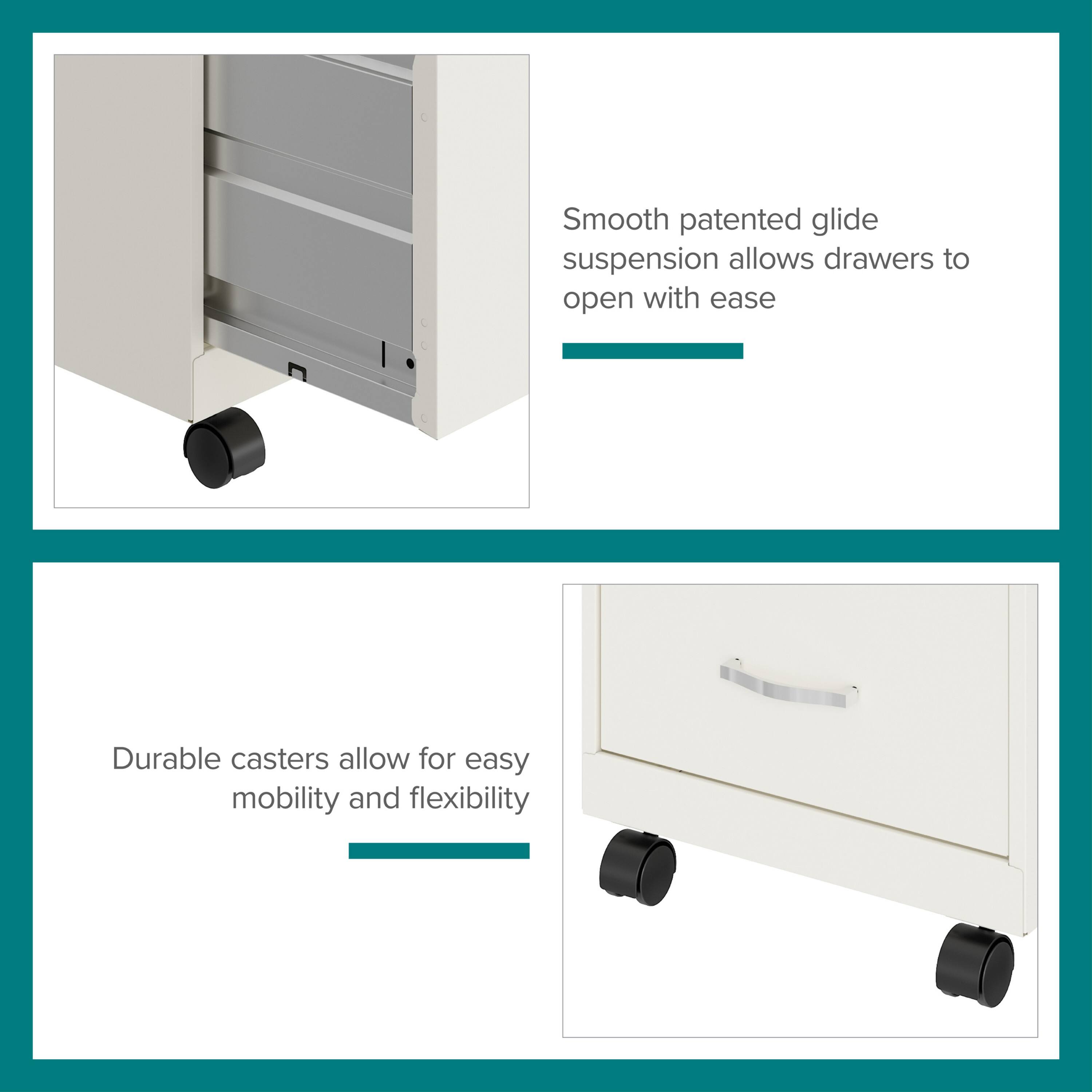 The text on the image is grouped and corrected as follows:

"Smooth patented glide suspension allows drawers to open with ease. Durable casters allow for easy mobility and flexibility."