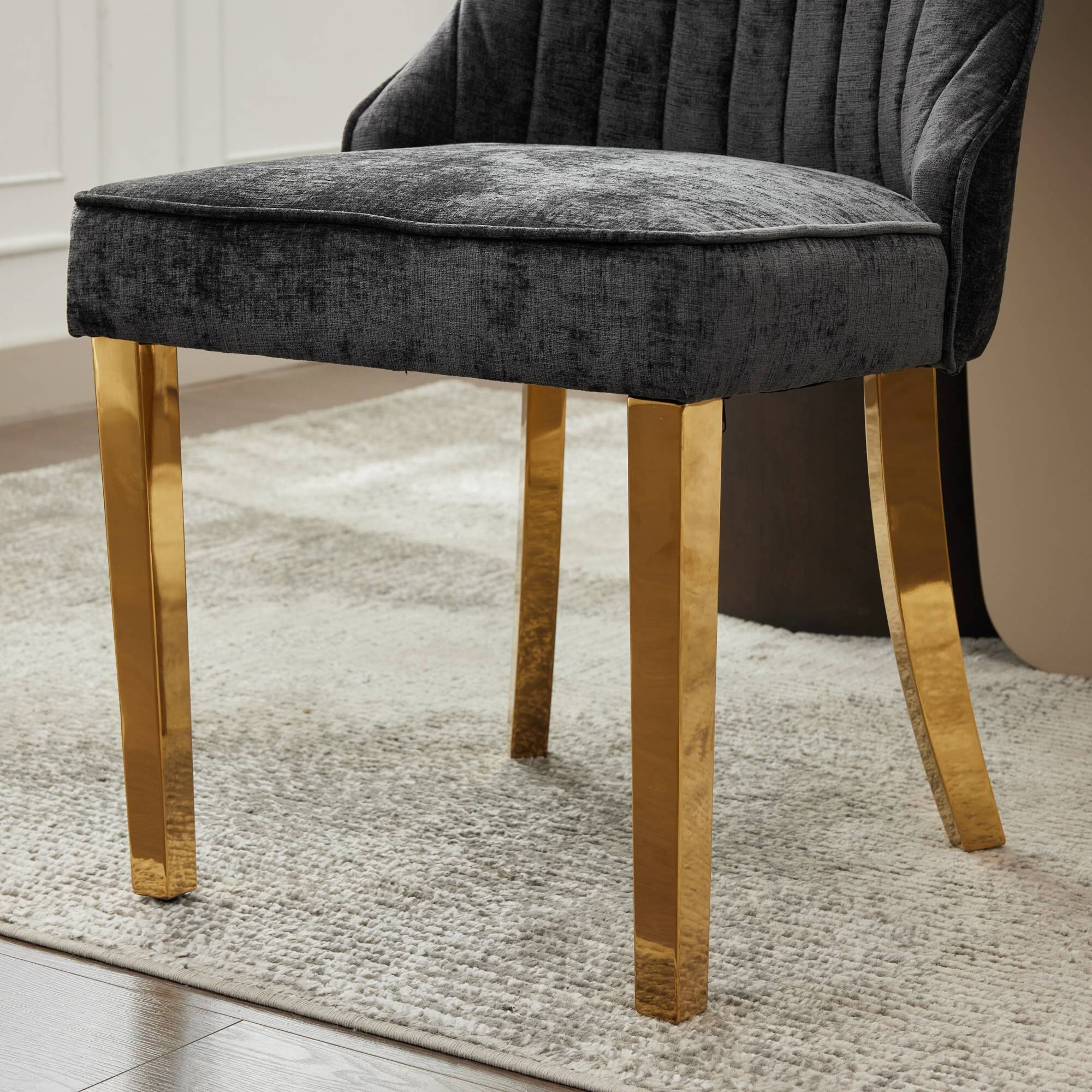 Alt View 9. Tiramisubest - 2-Piece Rayon Cloth Flocking Chenille Dining Chairs,Fabric Upholstered Chair with Golden Stainless Steel Legs(Black) - Black.