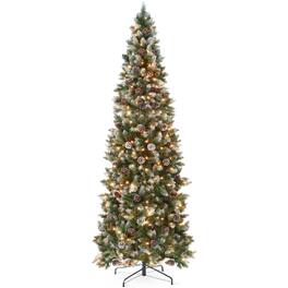 Best Choice Products - 7.5ft Pre-Lit Partially Flocked Pencil Christmas Tree w/ 350 Lights, Pine Cones, Foldable Stand - Frosted Green Spruce