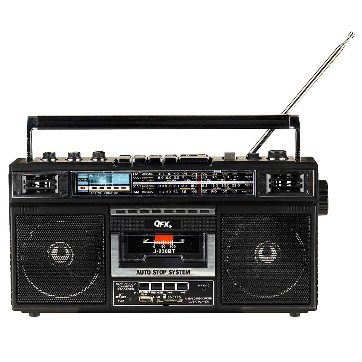 QFX - Portable Cassette AM/FM/SW1-2 Radio Bluetooth Boombox with USB Recording - Black - Front_Zoom