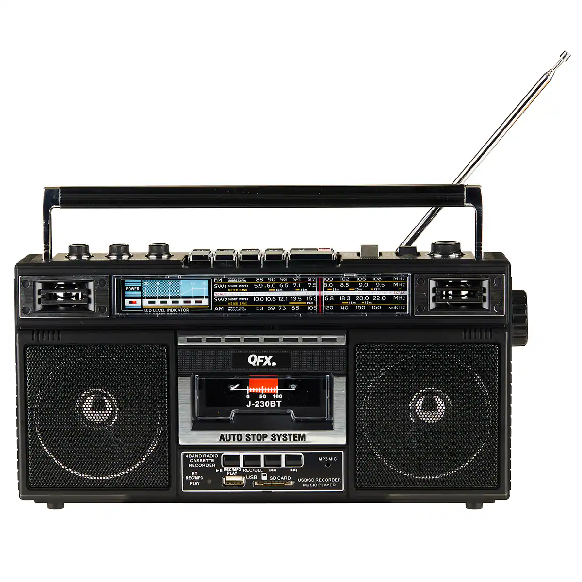 QFX - Portable Cassette AM/FM/SW1-2 Radio Bluetooth Boombox with USB Recording - Black