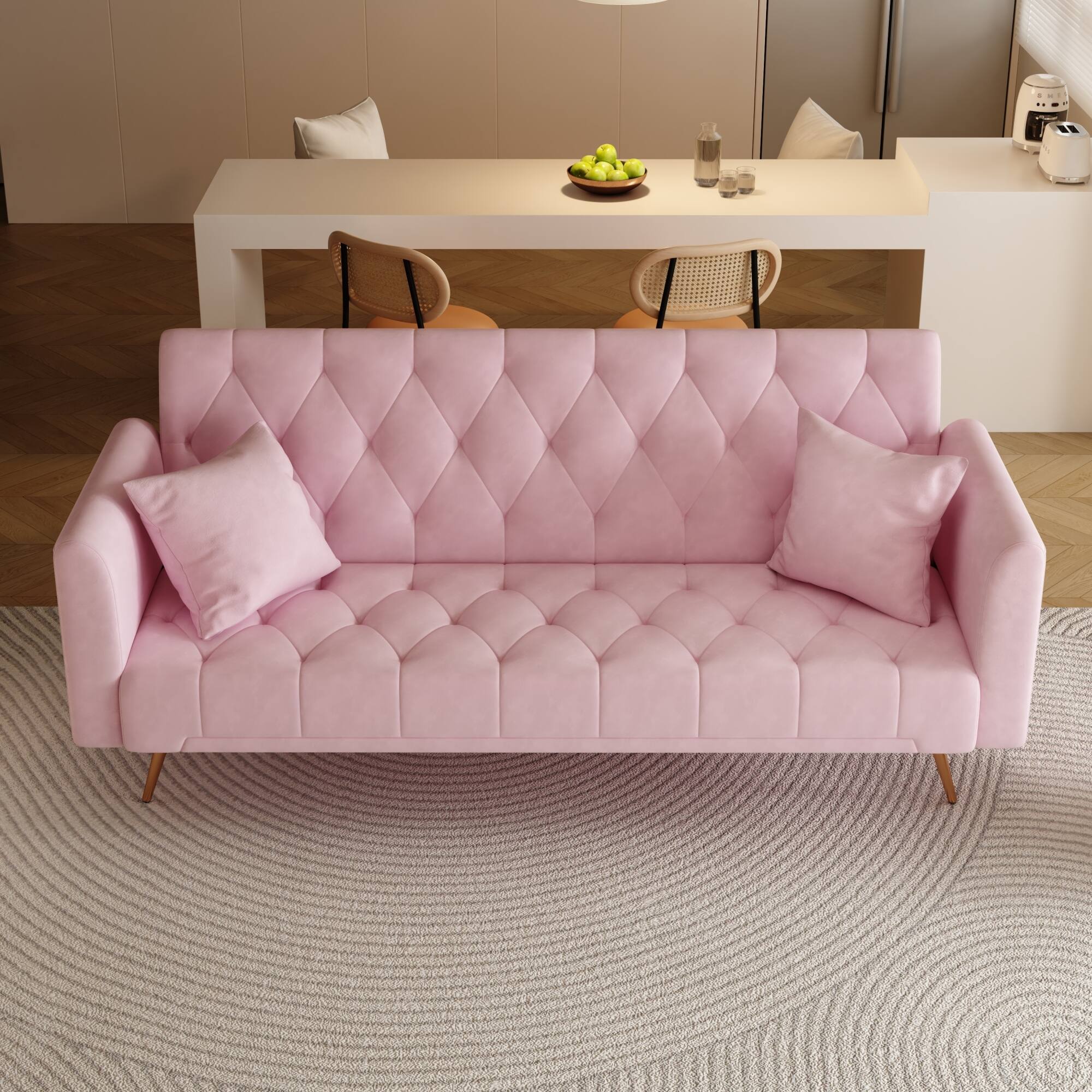 Angle. GOODSILO - Convertible Velvet Sofa Bed with Adjustable Backrest for Small Spaces, Living Room and Office Use - Pink.
