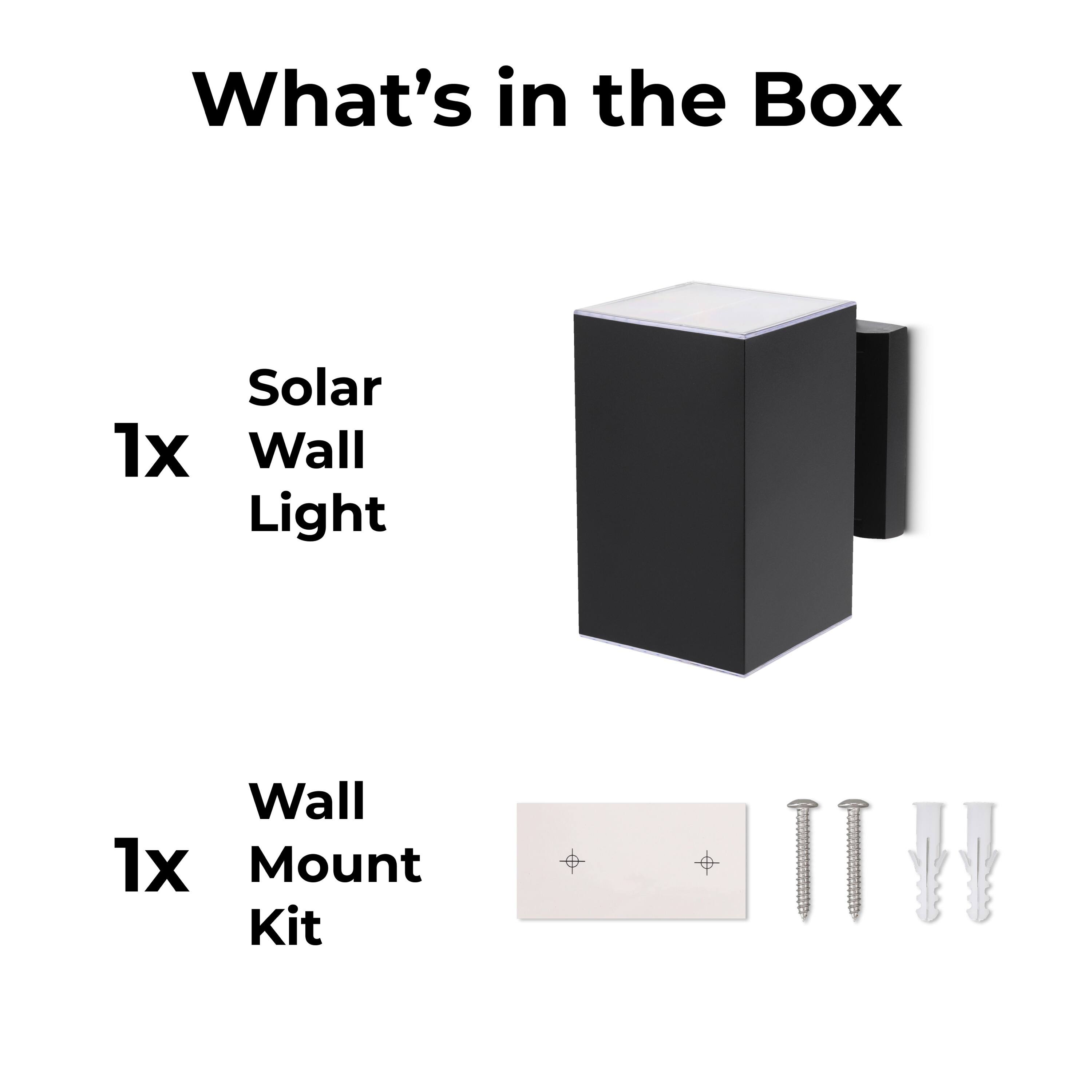 What's in the Box: 1x Solar Wall Light, 1x Wall Mount Kit