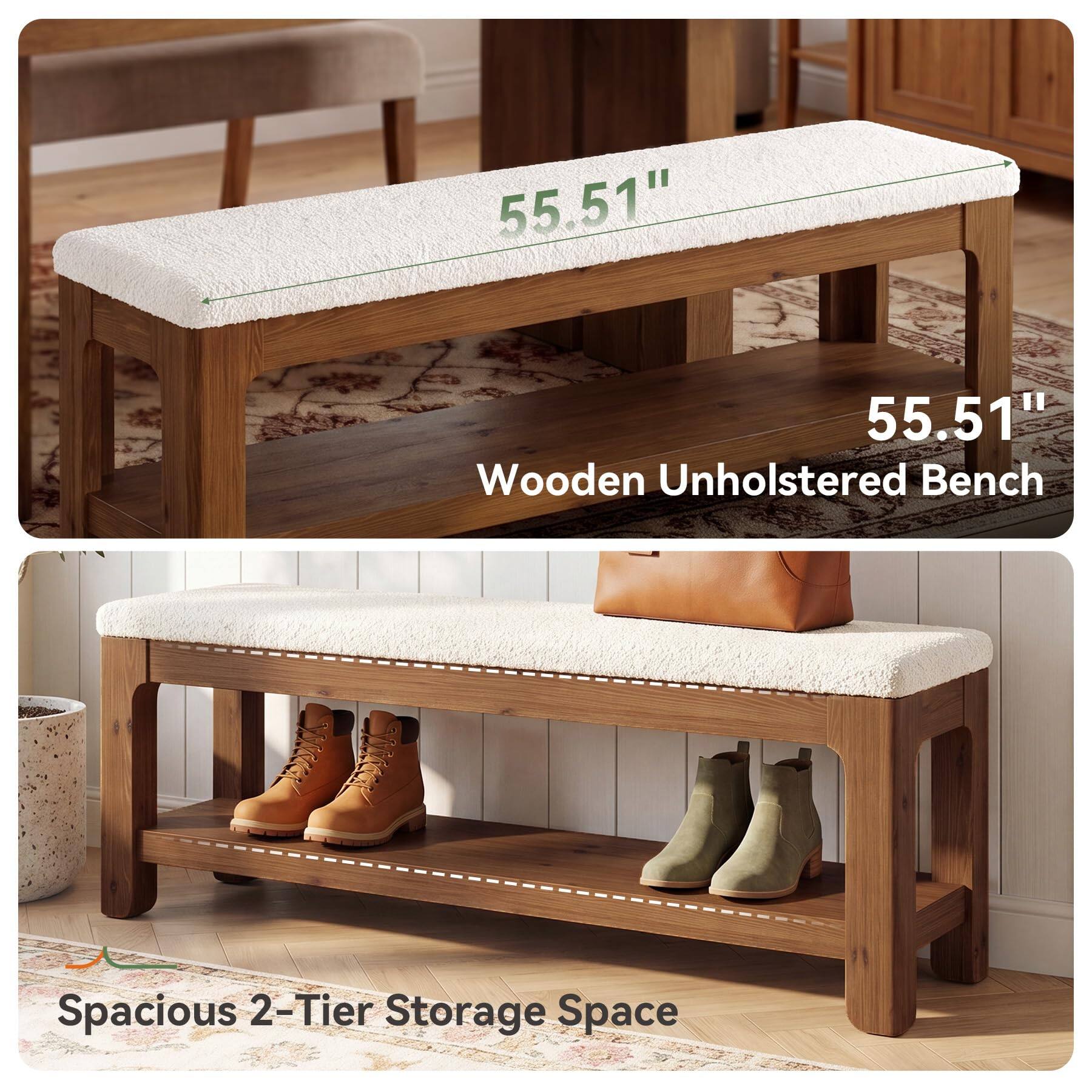 55.51" Wooden Unholstered Bench  
Spacious 2-Tier Storage Space