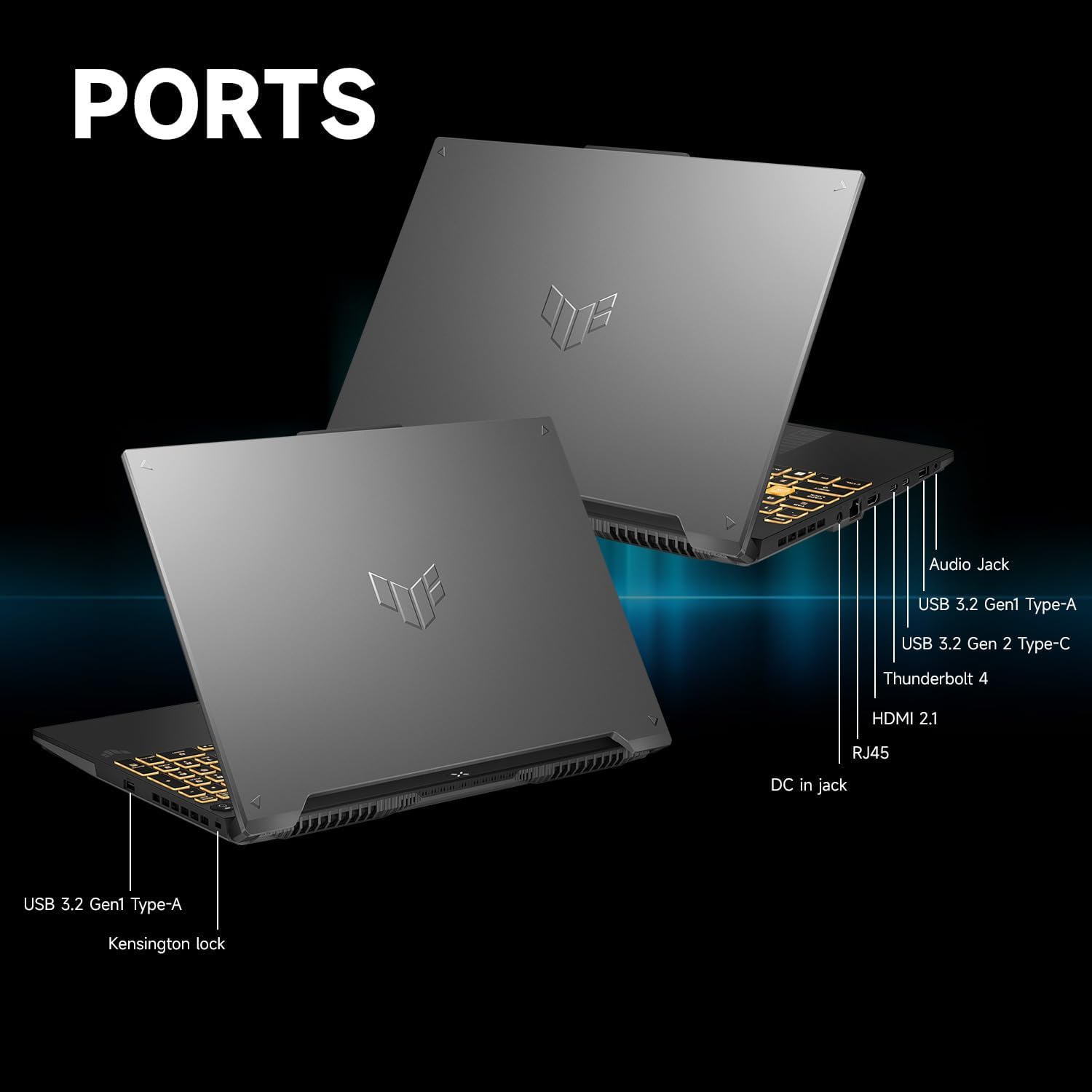 PORTS

- USB 3.2 Gen1 Type-A
- Kensington lock
- Audio Jack
- USB 3.2 Gen1 Type-A
- USB 3.2 Gen 2 Type-C
- Thunderbolt 4
- HDMI 2.1
- RJ45
- DC in jack