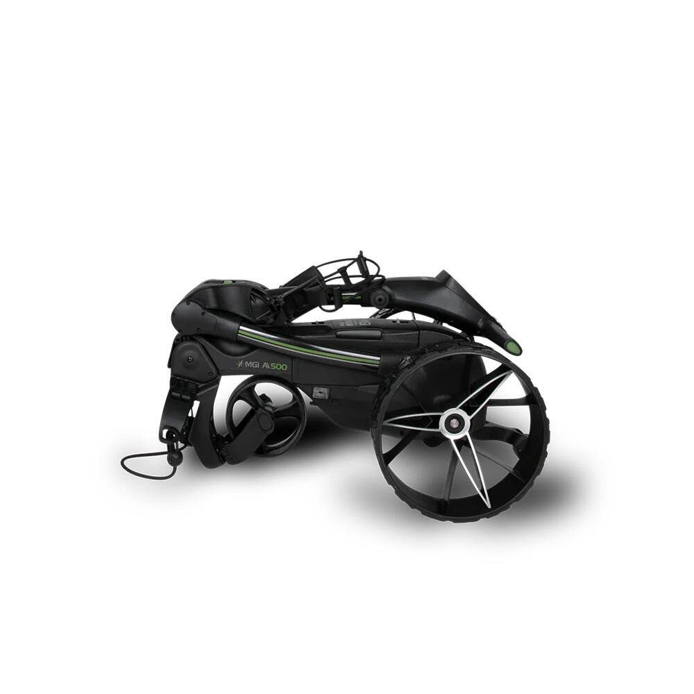 Left. MGI - MGI Ai 500 Electric Assisted Golf Push Cart - Plays 36 Holes with Integrated GPS System and 4" Touchscreen Display - Black.