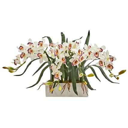Front. BreeBe - 15" Cymbidium Artificial Arrangement in White Vase - White.