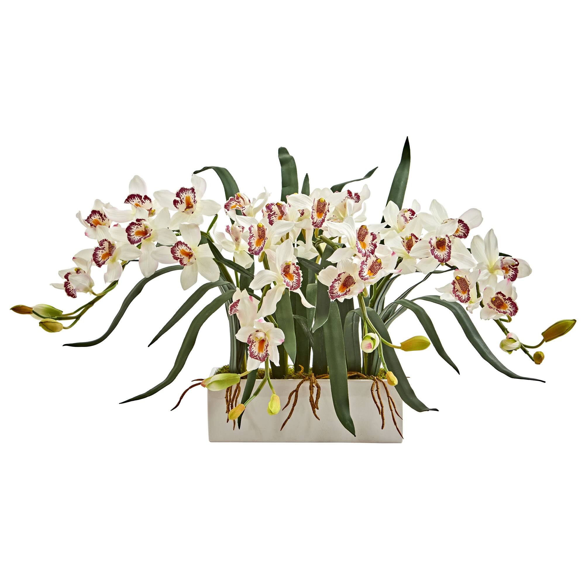 BreeBe - 15" Cymbidium Artificial Arrangement Vase - White