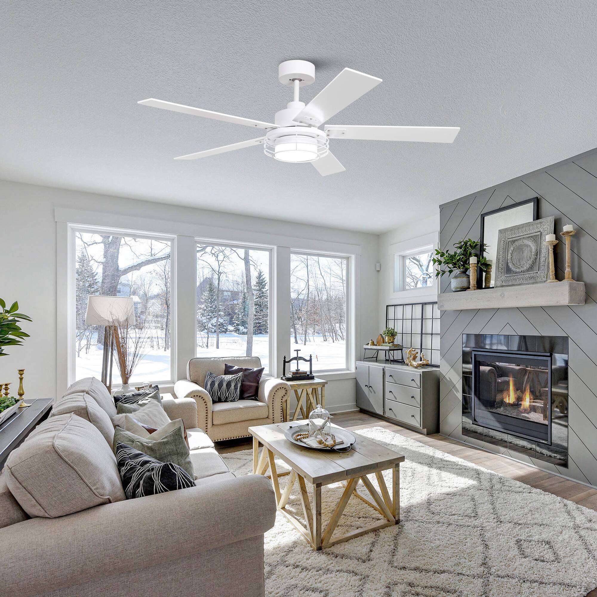 Back. Parrot Uncle - 52" Industrial White Metal Caged Ceiling Fan with Light and Remote - White.