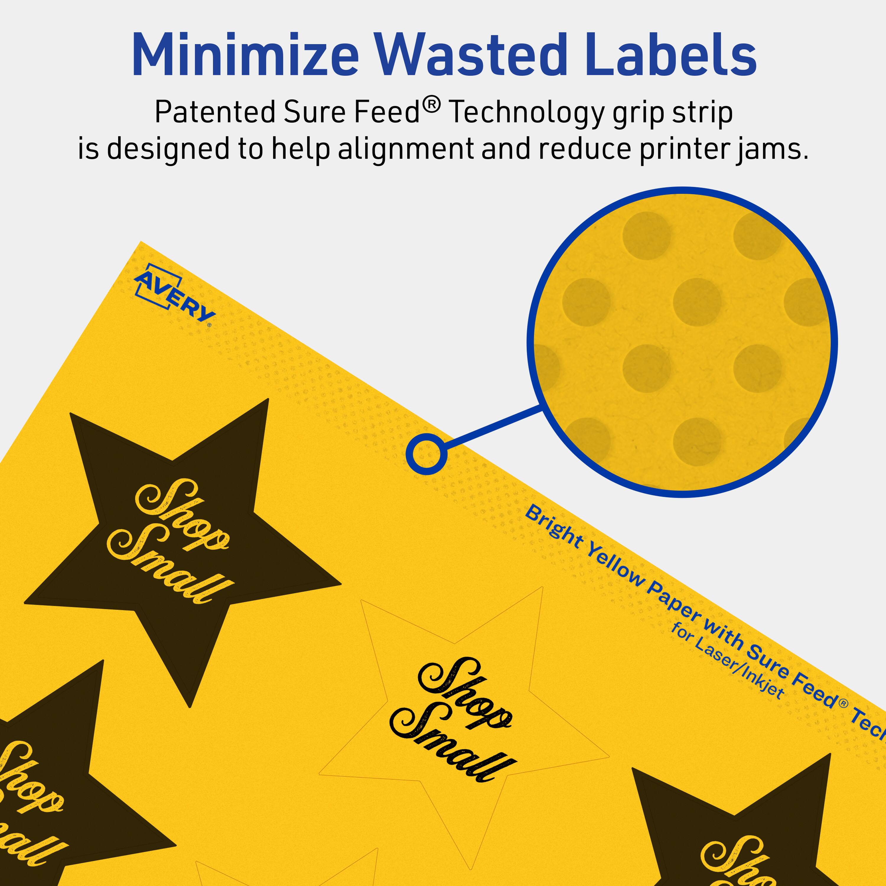 Minimize Wasted Labels

Patented Sure Feed® Technology grip strip is designed to help alignment and reduce printer jams.

AVERY

Bright Yellow Paper with Sure Feed® Technology for Laser/Inkjet

Shop Small