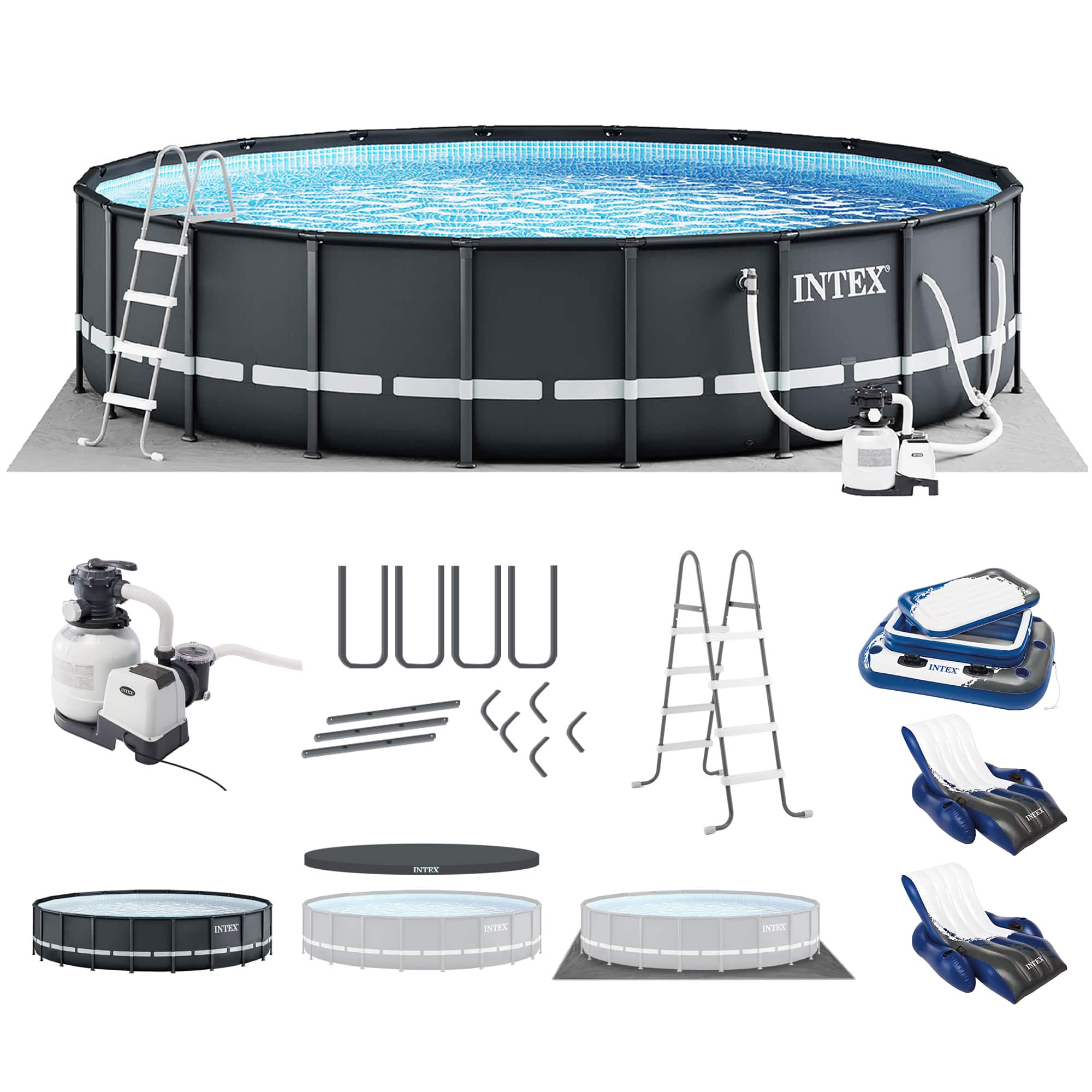 Intex - 20ft x 48in Ultra XTR Round Pool, Pump, Ladder, Lounger (2 Pack), & Cooler