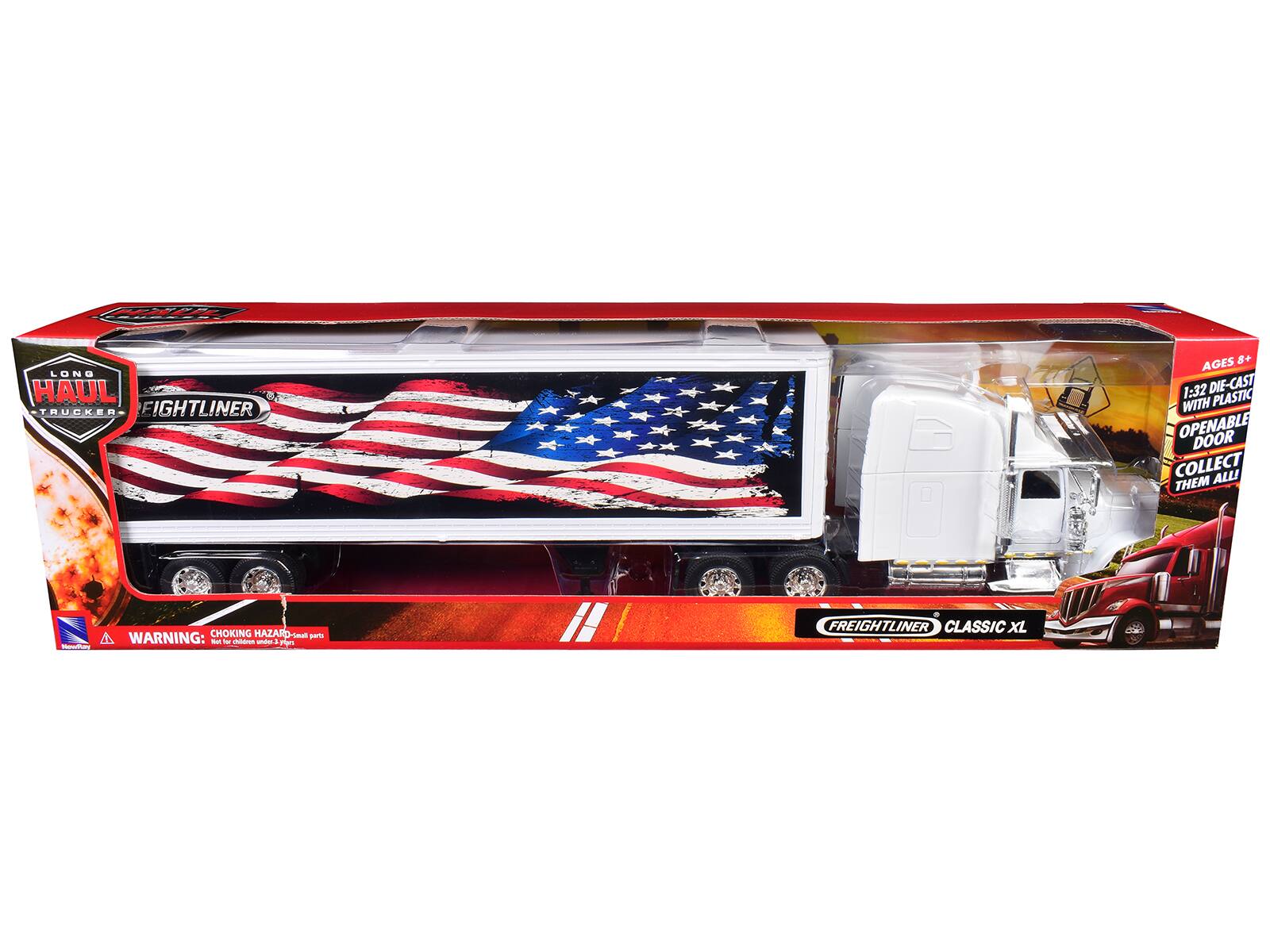 LONG HAUL TRUCKER EIGHTLINER AGES 8+ A 1:32 DIE-CAST WITH PLASTIC OPENABLE DOOR COLLECT THEM - CHOKING HAZARD - WARNING: - - -iaras oa - Pge FREIGHTLINER CLASSIC XL