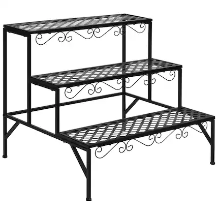 Front. Costway - 3 Tiers Metal Plant Stand Ladder Flower Pot Rack Decorative Planter Holder - black.
