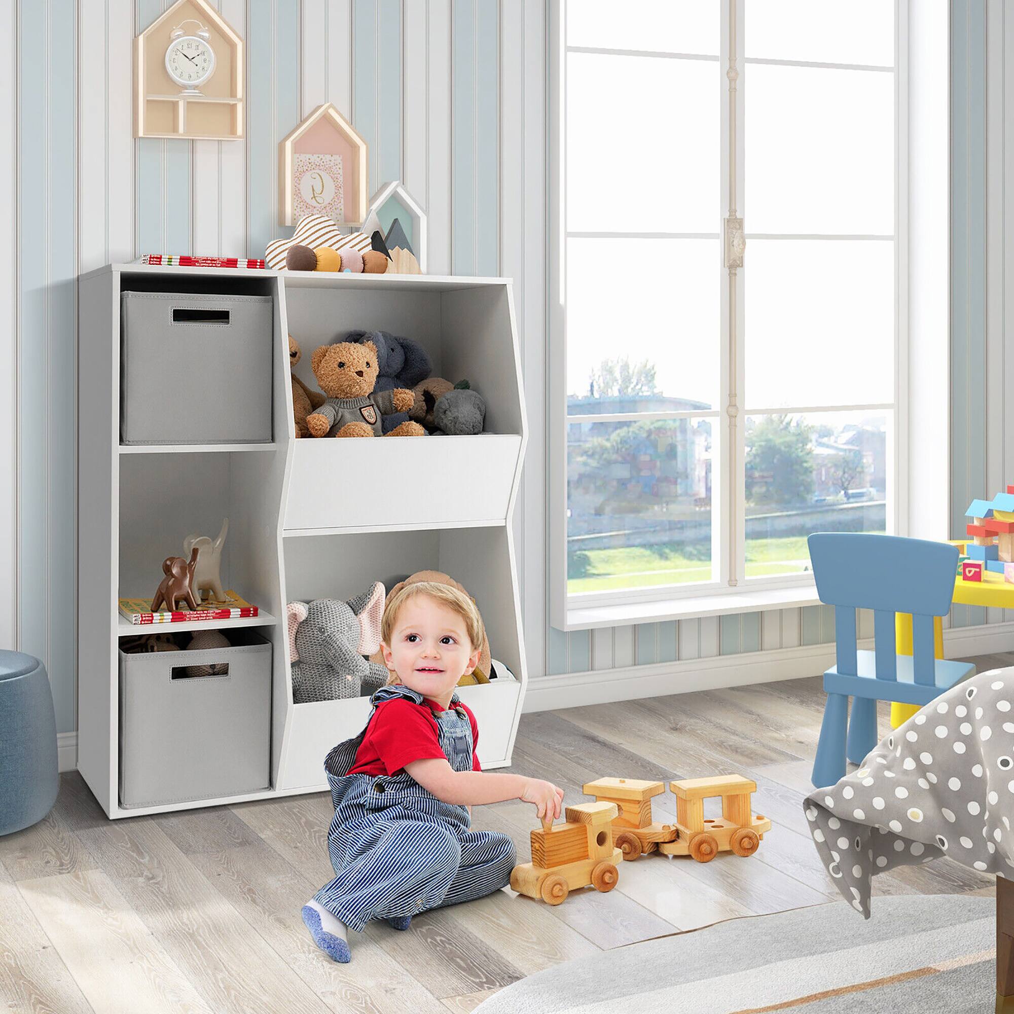 Alt View 3. Gymax - Gymax Kids Toy Storage Organizer 5 Cubbies Wooden Bookshelf Display Cabinet w/ Drawers - White.