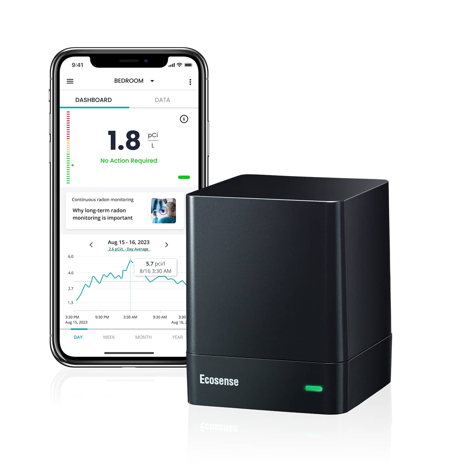 Ecosense - EcoQube Wi-Fi Smart Digital Radon Detector-Real time Continuous Radon Monitoring - Black