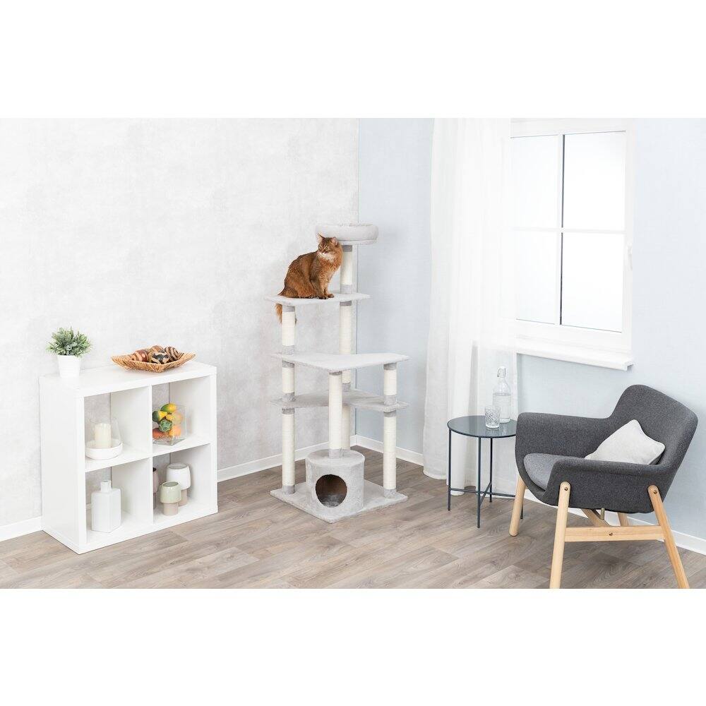 Angle. TRIXIE - Seli Plush 4-Level Cat Tree with Sisal Scratching Posts, Condo & Cat Toy - Gray.
