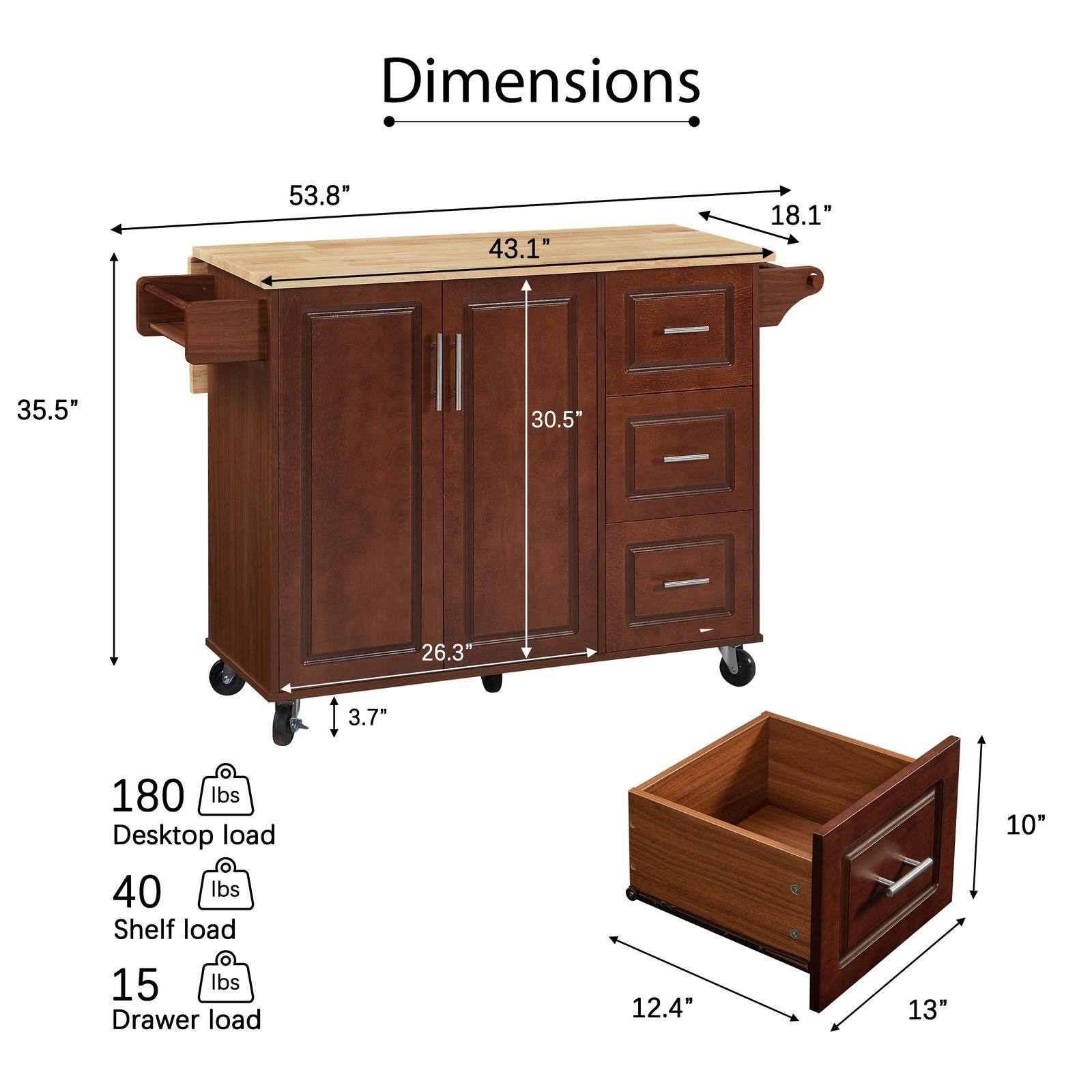 Dimensions:  
- Length: 53.8"  
- Width: 43.1"  
- Height: 35.5"  
- Depth: 18.1"  
- Drawer Load: 12.4" x 13" x 10"  
- Shelf Load: 40 lbs  
- Desktop Load: 180 lbs  
- Drawer Load: 15 lbs
