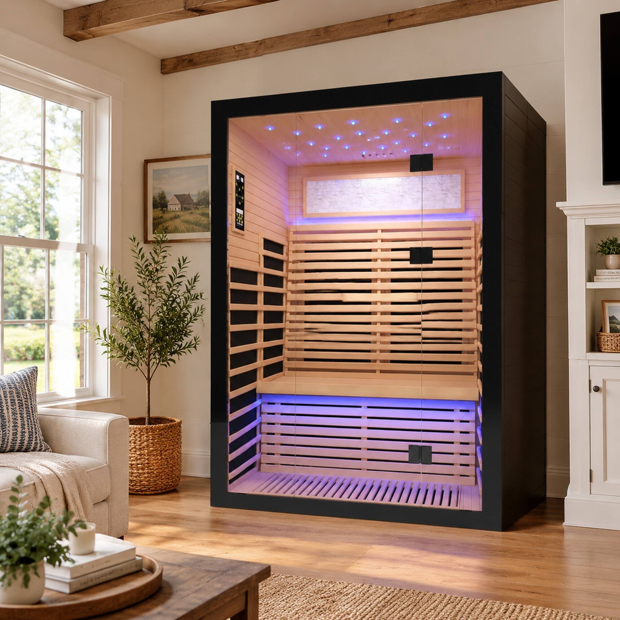 Alt View 1. RYHNUYNE - 2 Person Far Infrared Home Sauna, Canadian Hemlock Wood, 8 Heating Plates, 2160W, Starry Ceiling Lights, Indoor Spa - Black+Natural.