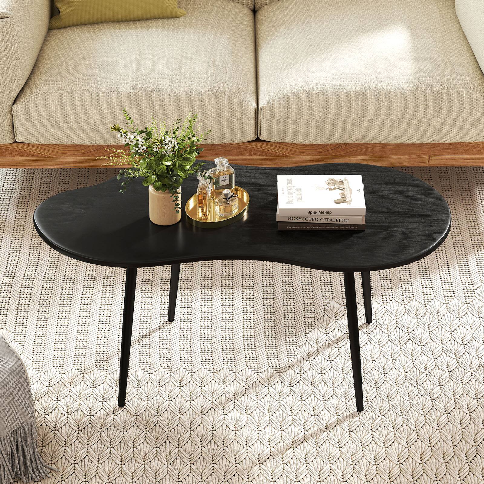 Alt View 4. Gymax - Gymax Cloud Shape Coffee TableIrregular Center Table w/ Metal FrameWooden Table Black - Black.