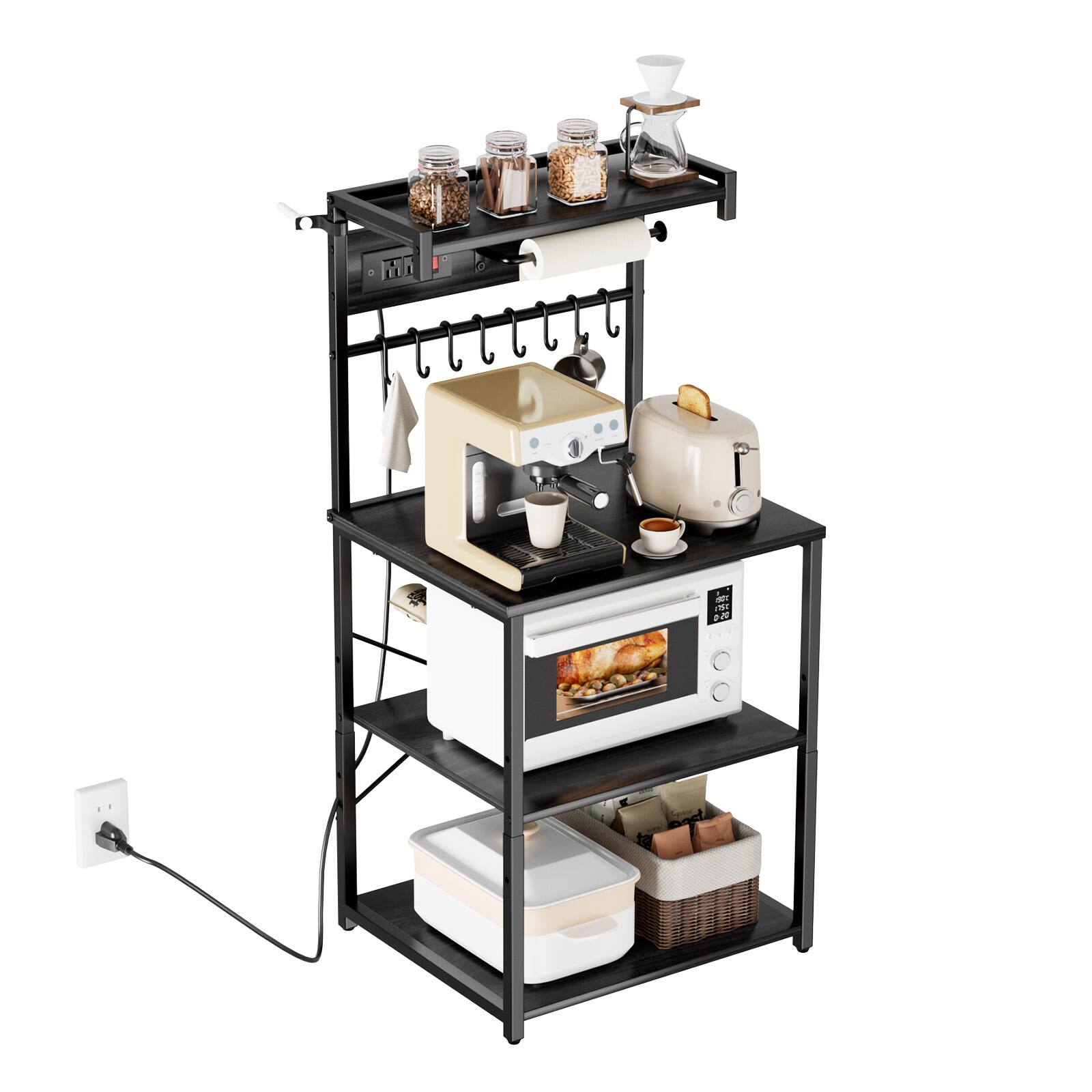 Alt View 5. VEVOR - Kitchen Bakers Rack, 4.6ft Power Cable Bakers Rack with Power Outlet, Kitchen Stand with X-Shaped Support Bar - Black Wood Grain + Black Iron Tube.