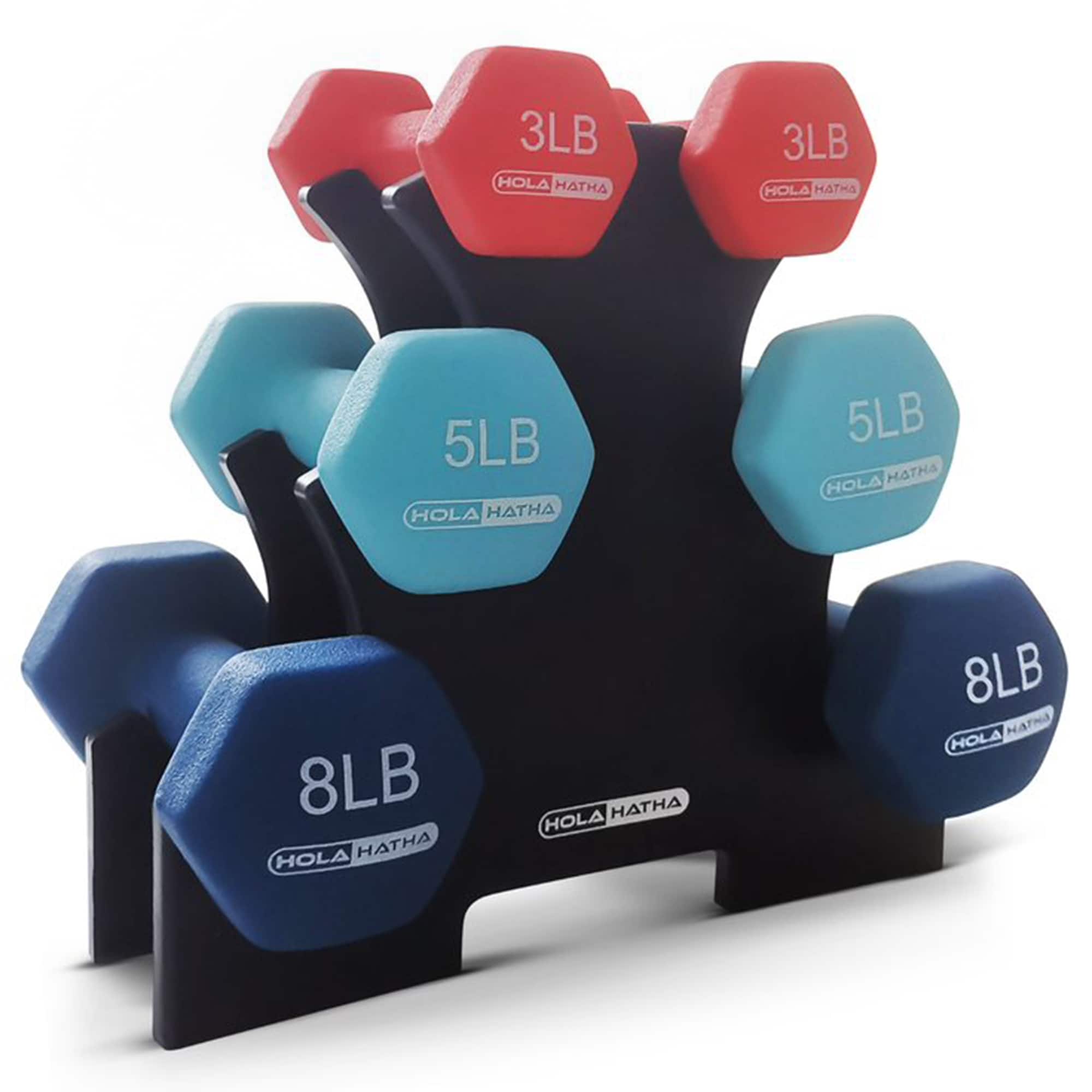 HolaHatha - 3, 5, and 8 Pound Dumbbell Hand Weight Set with Storage Rack, Multi - Blue/Red