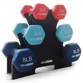 HolaHatha - 3, 5, and 8 Pound Dumbbell Hand Weight Set with Storage Rack, Multi - Blue/Red