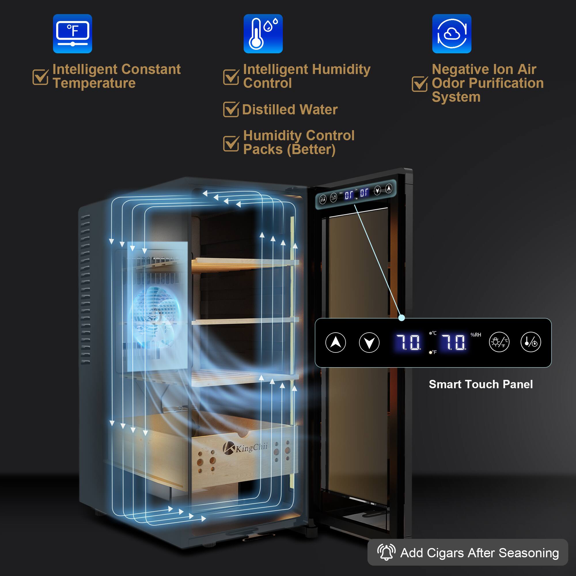 Intelligent Constant Temperature  
Intelligent Humidity Control  
Distilled Water  
Negative Ion Air Odor Purification System  
Humidity Control Packs (Better)  

o'C %RH 10 10 OF  
R/T  
1/6  

Smart Touch Panel  

Add Cigars After Seasoning