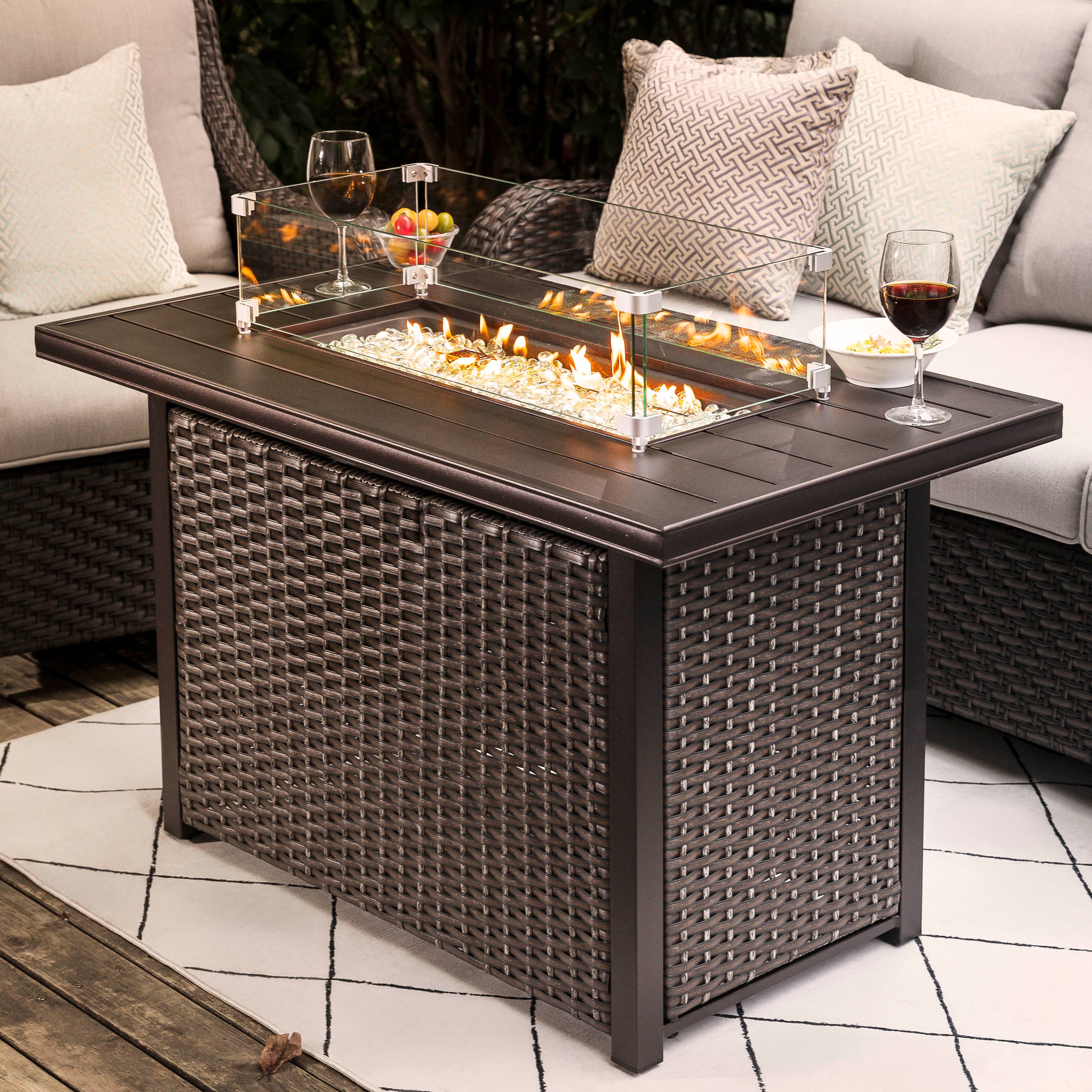 Front. Nuu Garden - Nuu Garden Outdoor 43-inch 50,000 BTU Propane Gas Fire Pit Table, Aluminum Tabletop and PE Rattan Weaved Iron Frame - Dark Brown.