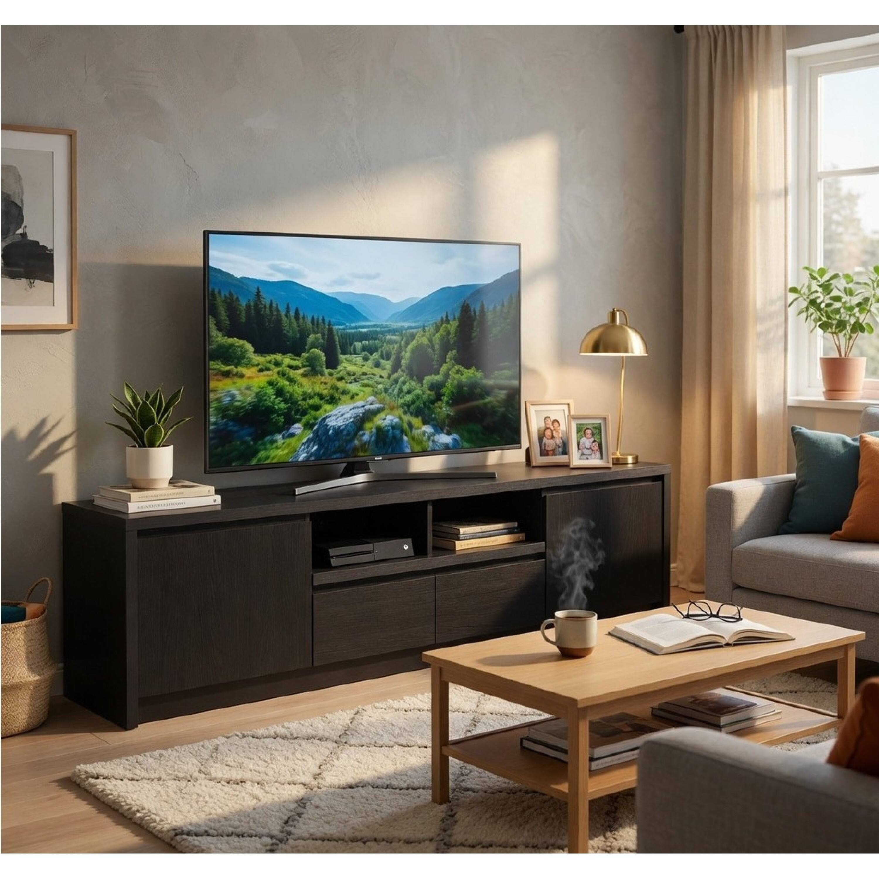 Alt View 7. Manhattan Lane - Winie TV Stand Media Console, 2 Doors and Drawers, Black Wood 78 Inch - Black.