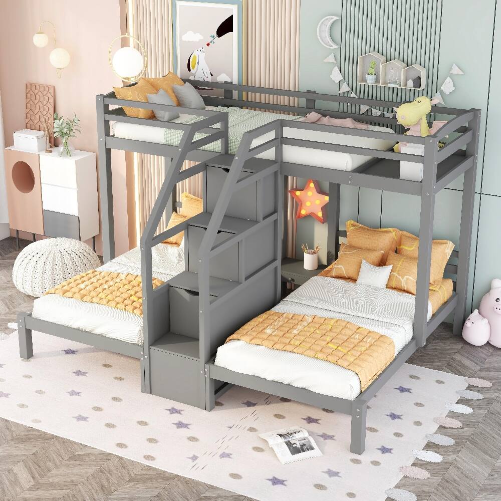 Left. Loheer - Loheer Twin over Twin Bunk Bed Triple Bunk Bed with Stairs Gray - Gray.
