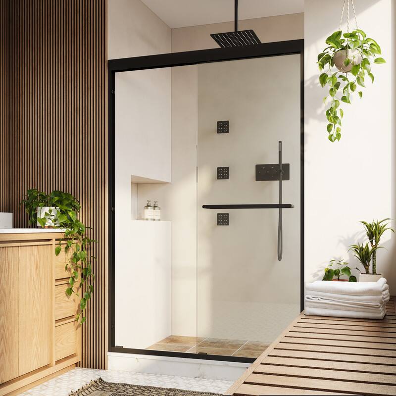 Angle. WELLFOR - 44-48 in W x 72 in H Framed Shower Door with Double Sliding & Stainless Steel Towel Bar Handle, 1/4" Tempered Glass - Matte Black.