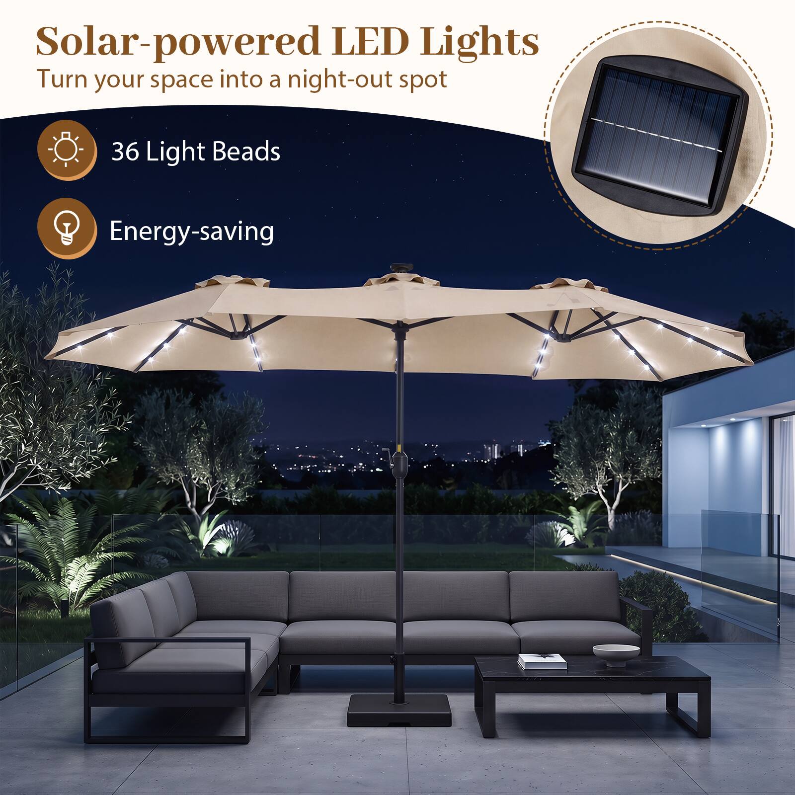 Solar-powered LED Lights  
Turn your space into a night-out spot  

36 Light Beads  
Energy-saving