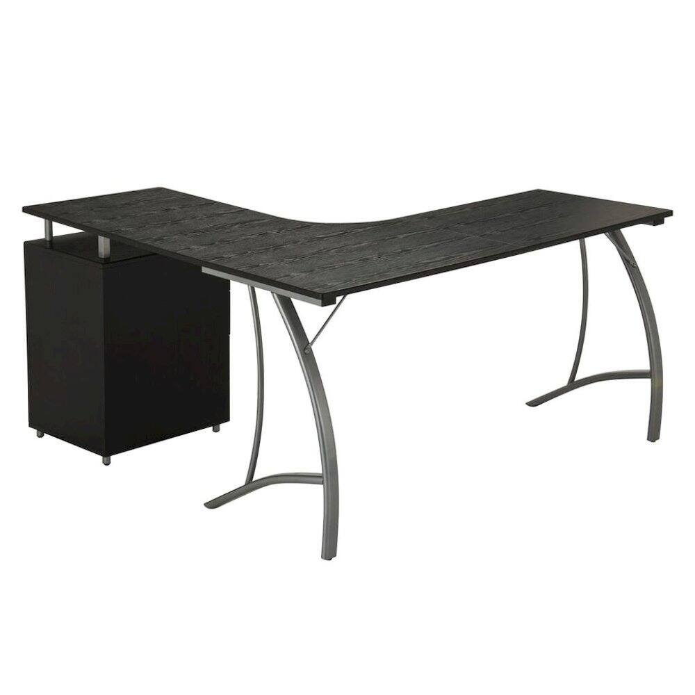 Left. FurniFact - Brown L Shaped Desk With 3 Drawers, Steel Frame Corner Computer Desk - Brown.