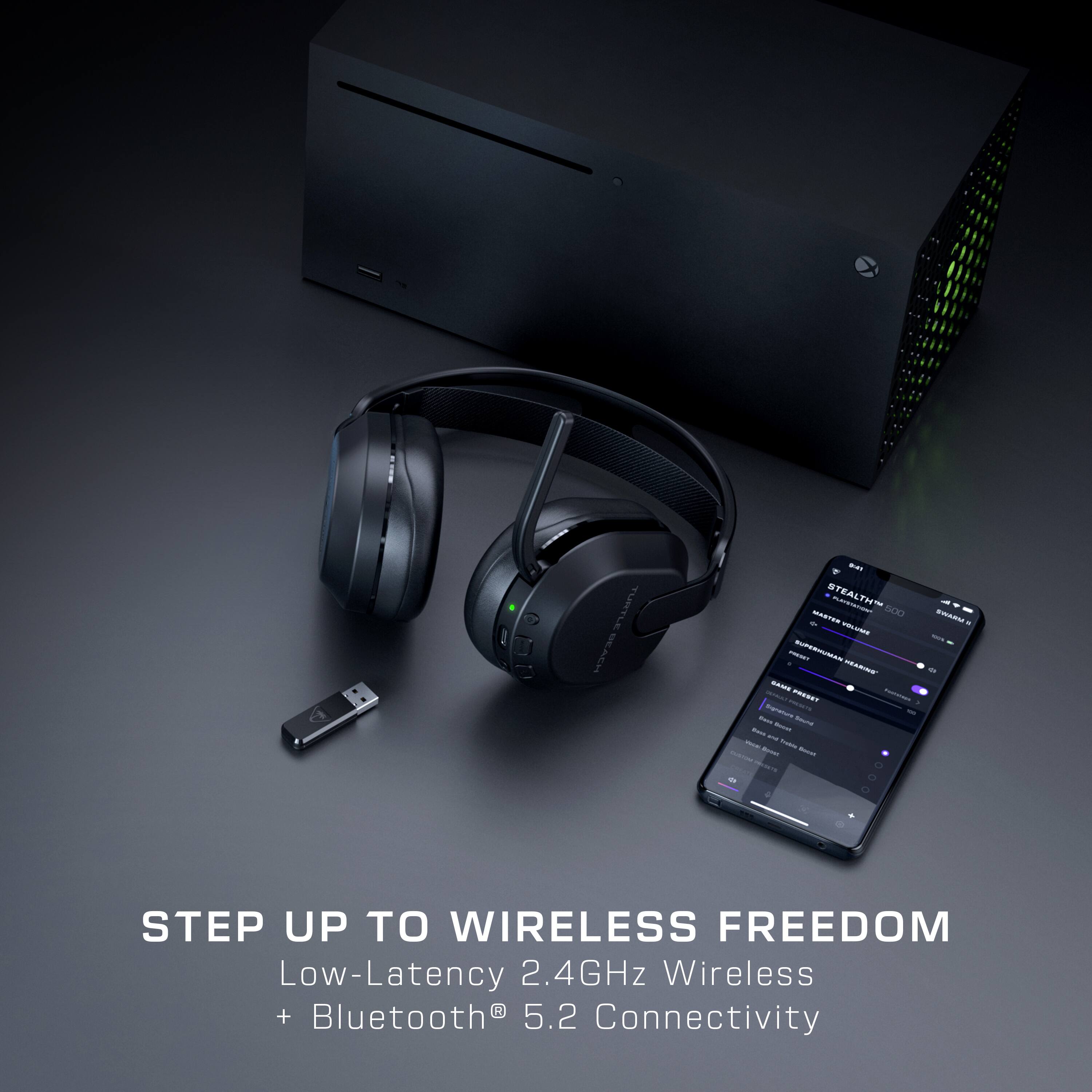 The text on the image reads: "Step Up to Wireless Freedom. Low-Latency 2.4GHz Wireless + Bluetooth 5.2 Connectivity."