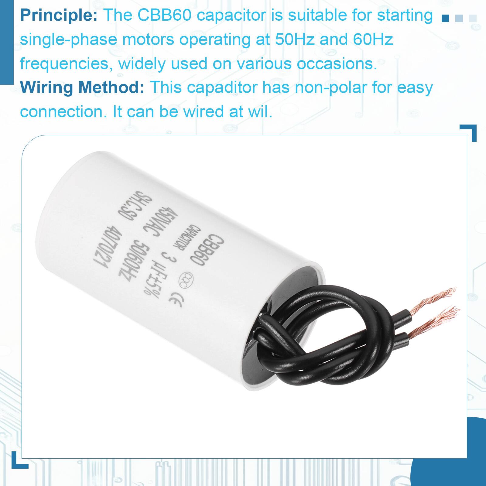 Principle: The CBB60 capacitor is suitable for starting single-phase motors operating at 50Hz and 60Hz frequencies, widely used on various occasions.

Wiring Method: This capacitor has non-polar for easy connection. It can be wired at will.

SH.C.SO 450VAC 40/70/21 CAPACITOR CBB60 50/60Hz 3 F5% CE CQC

3 µF ±5% 450VAC 50/60Hz CQC 08860 CBB60
