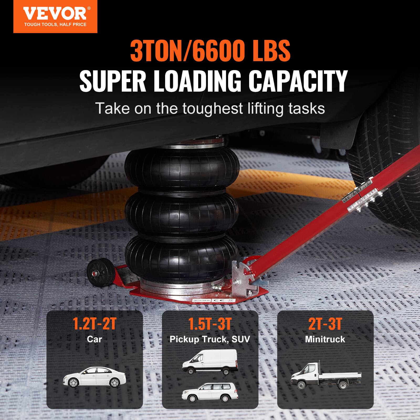 VEVOR TOUGH TOOLS, HALF PRICE

3TON/6600 LBS SUPER LOADING CAPACITY

Take on the toughest lifting tasks

1.2T-2T Car

1.5T-3T Pickup Truck, SUV

2T-3T Minitruck