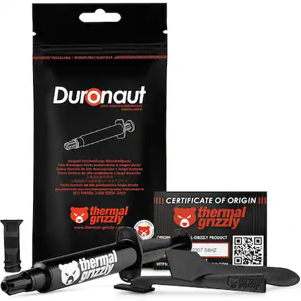 RESEALABLE / WIEDERVERSCHLIESSBAR
Duronaut
LONG-TERM HIGH PERFORMANCE THERMAL GREASE
Langzeit Hochleistungs-Wärmeleitpaste
Pâte thermique haute performance à longue durée
Grasa térmica de alto desempeño. larga duración
Pasta térmica de alto rendimiento y larga duración
Pasta termica ad alta prestazioni. lunga durata
CERTIFICATE OF ORIGIN
thermal grizzly
www.thermal-grizzly.com
ORIGIN
GRIZZLY PRODUCT
2307 S8HZ
HTTPS://www.thermal-grizzly.com