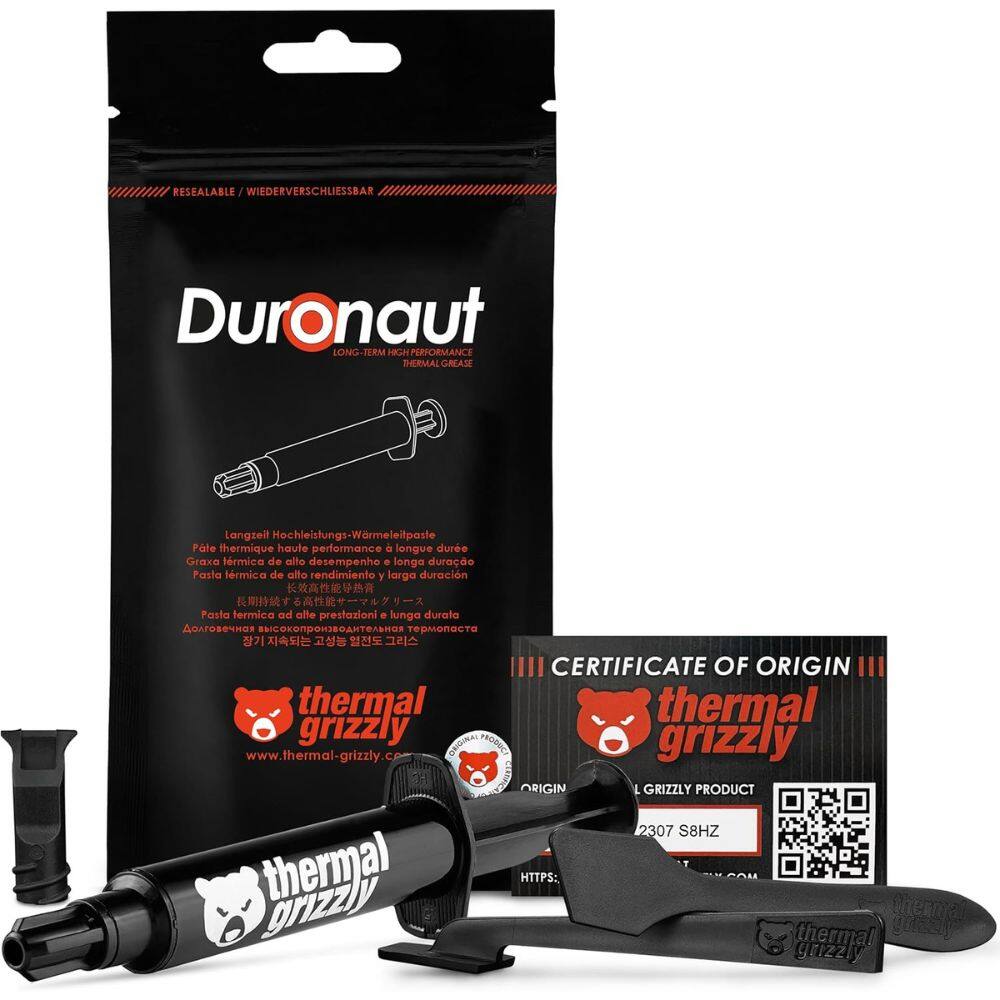 RESEALABLE / WIEDERVERSCHLIESSBAR

Duronaut
LONG-TERM HIGH PERFORMANCE THERMAL GREASE

Langzeit Hochleistungs-Wärmeleitpaste
Pâte thermique haute performance à longue durée
Grasa térmica de alto desempeño. larga duración
Pasta térmica de alto rendimiento y larga duración
Pasta termica ad alta prestazioni. lunga durata

CERTIFICATE OF ORIGIN
thermal grizzly
www.thermal-grizzly.com
ORIGIN
GRIZZLY PRODUCT
2307 S8HZ

HTTPS://www.thermal-grizzly.com