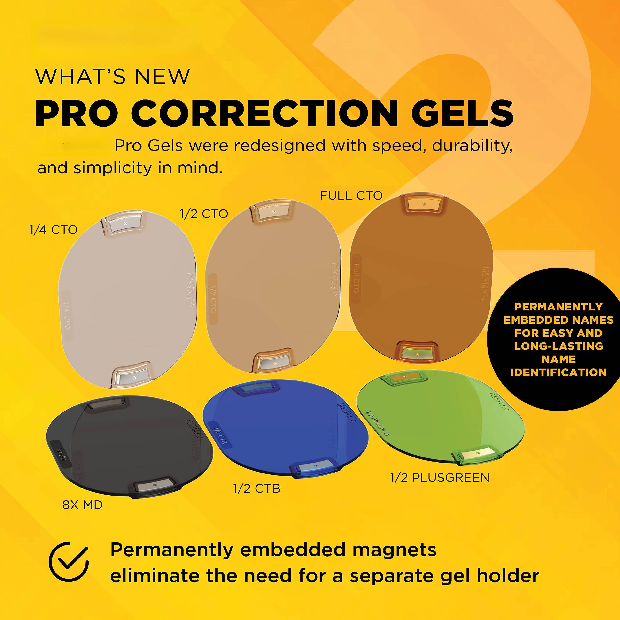 **WHAT'S NEW**  
**PRO CORRECTION GELS**  
Pro Gels were redesigned with speed, durability, and simplicity in mind.

- 1/4 CTO
- 1/2 CTO
- FULL CTO
- 8X MD
- 1/2 CTB
- 1/2 PLUSGREEN

**PERMANENTLY EMBEDDED NAMES FOR EASY AND LONG-LASTING NAME IDENTIFICATION**

**Permanently embedded magnets eliminate the need for a separate gel holder**