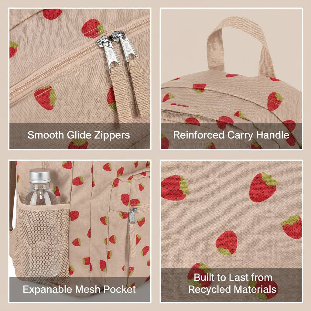 - Smooth Glide Zippers
- Reinforced Carry Handle
- Expandable Mesh Pocket
- Built to Last from Recycled Materials